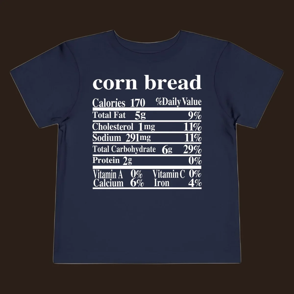 Corn bread nutrition label design with white text on a black background.