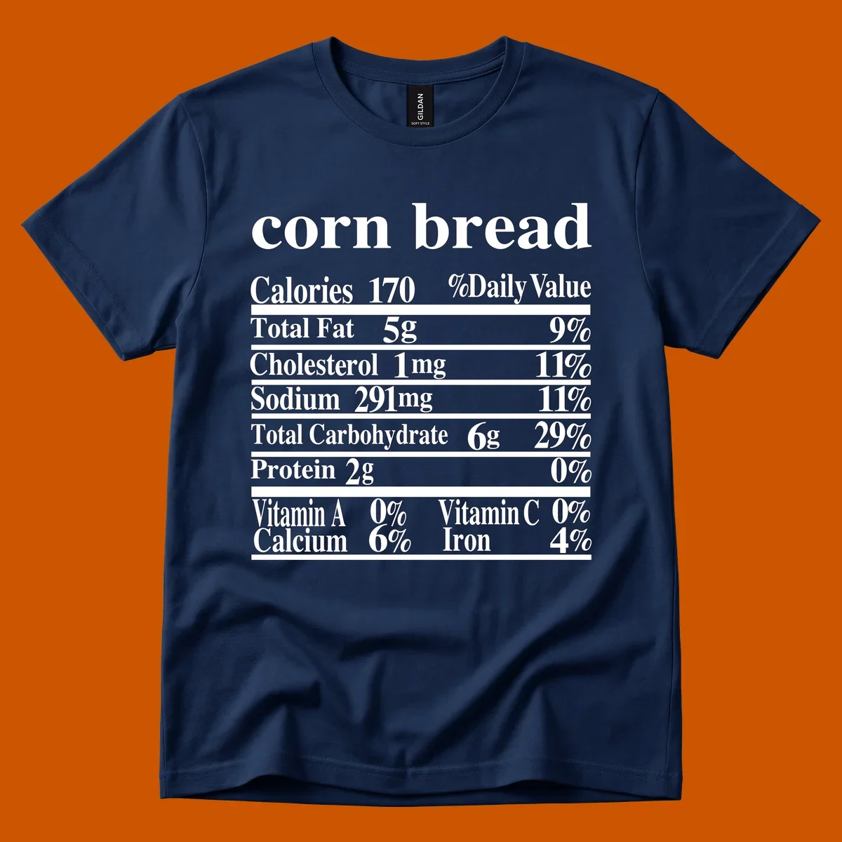 Corn bread nutrition label design with white text on a black background.
