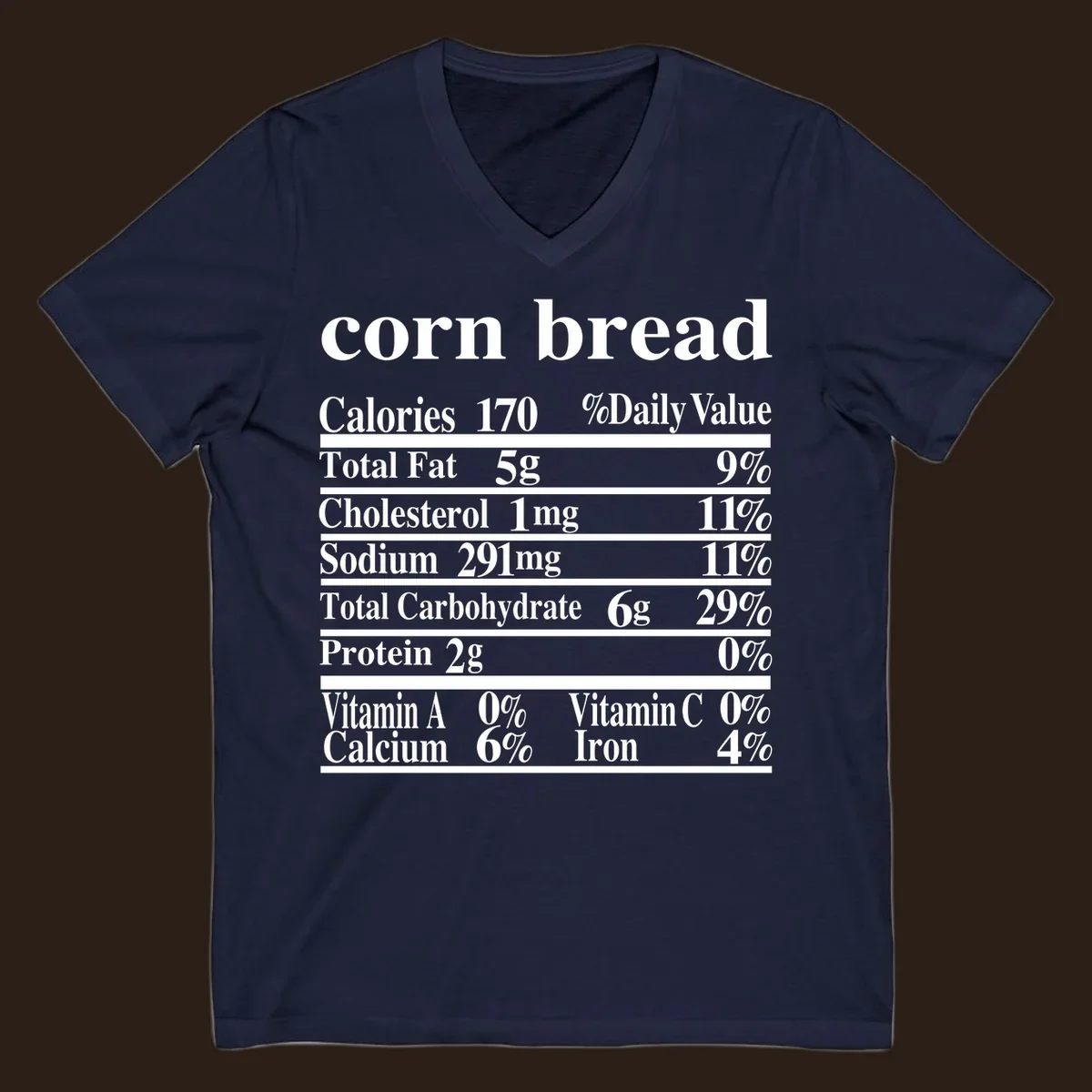 Corn bread nutrition label design with white text on a black background.