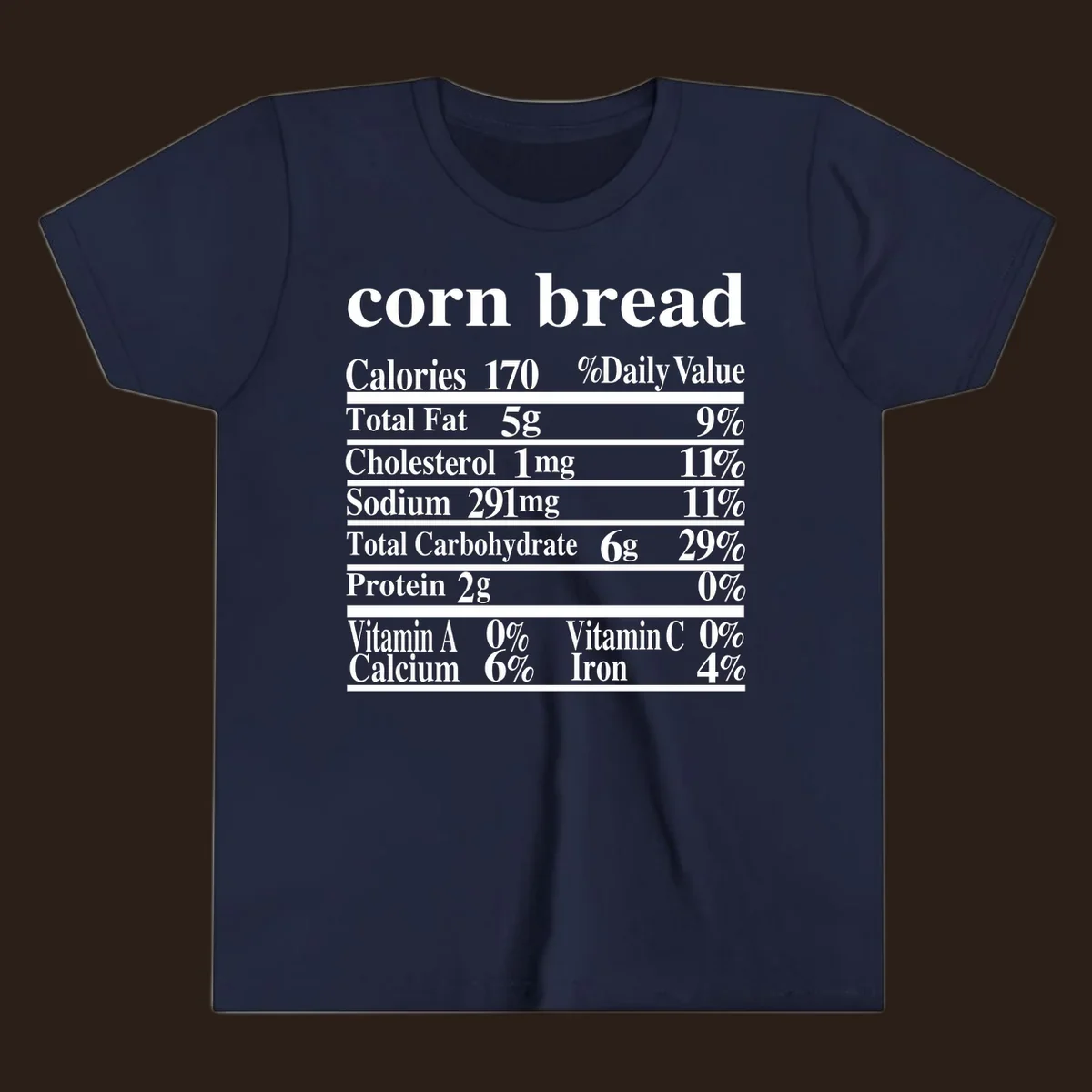 Corn bread nutrition label design with white text on a black background.