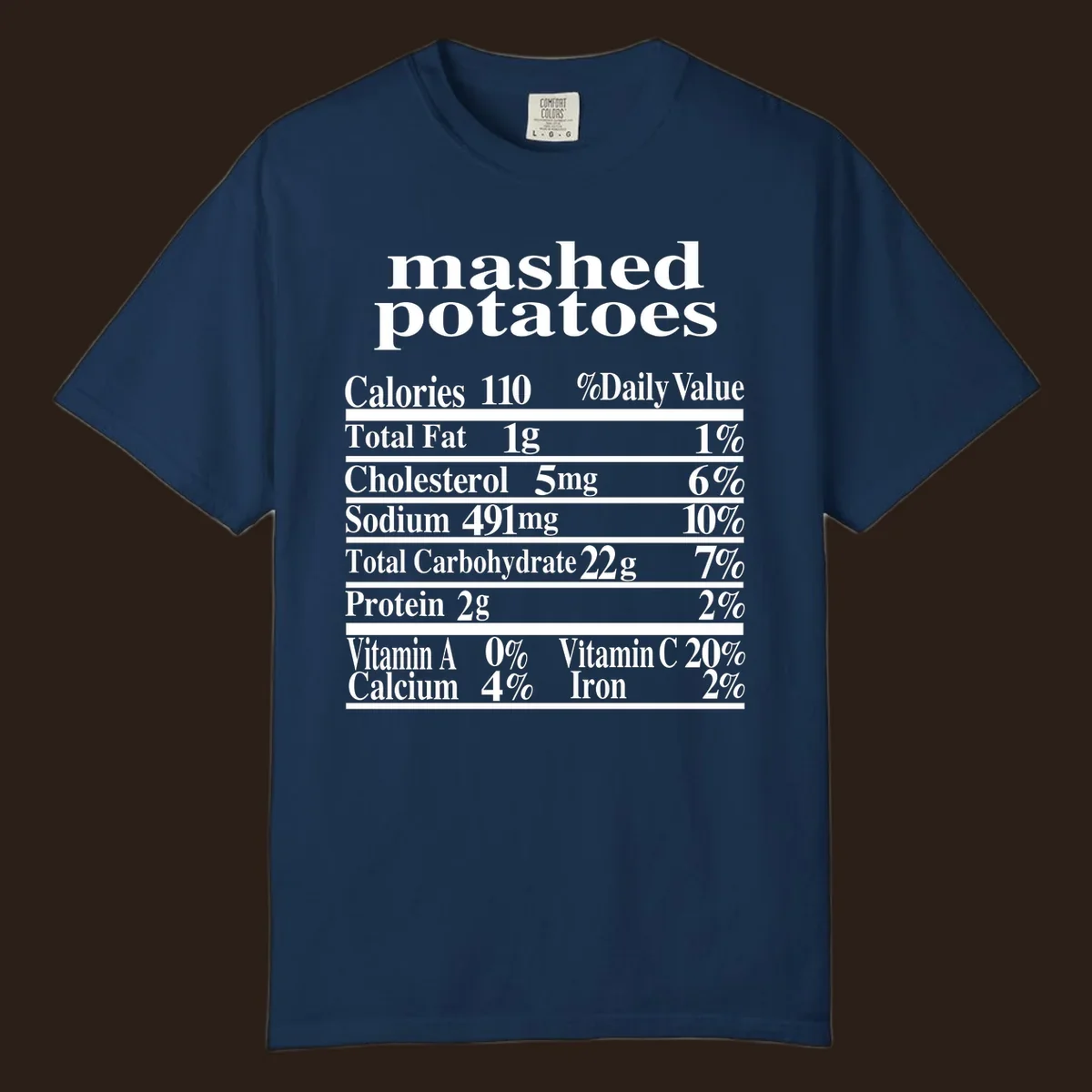 Mashed potato nutrition facts label with calories, fat, cholesterol, sodium, carbs, protein, and vitamins on a black background.