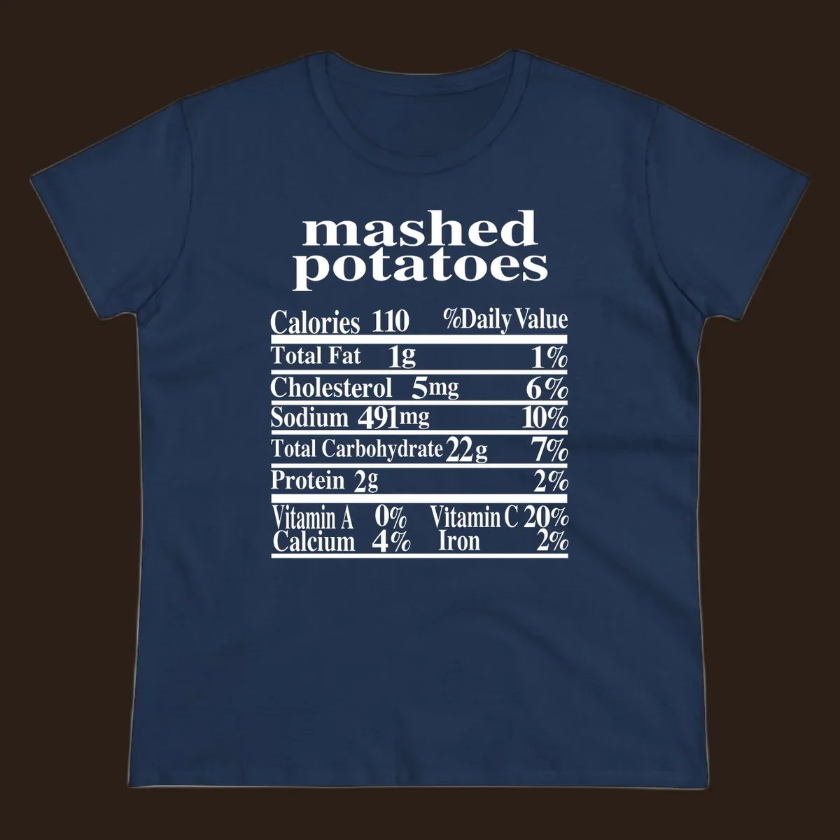 Mashed potato nutrition facts label with calories, fat, cholesterol, sodium, carbs, protein, and vitamins on a black background.