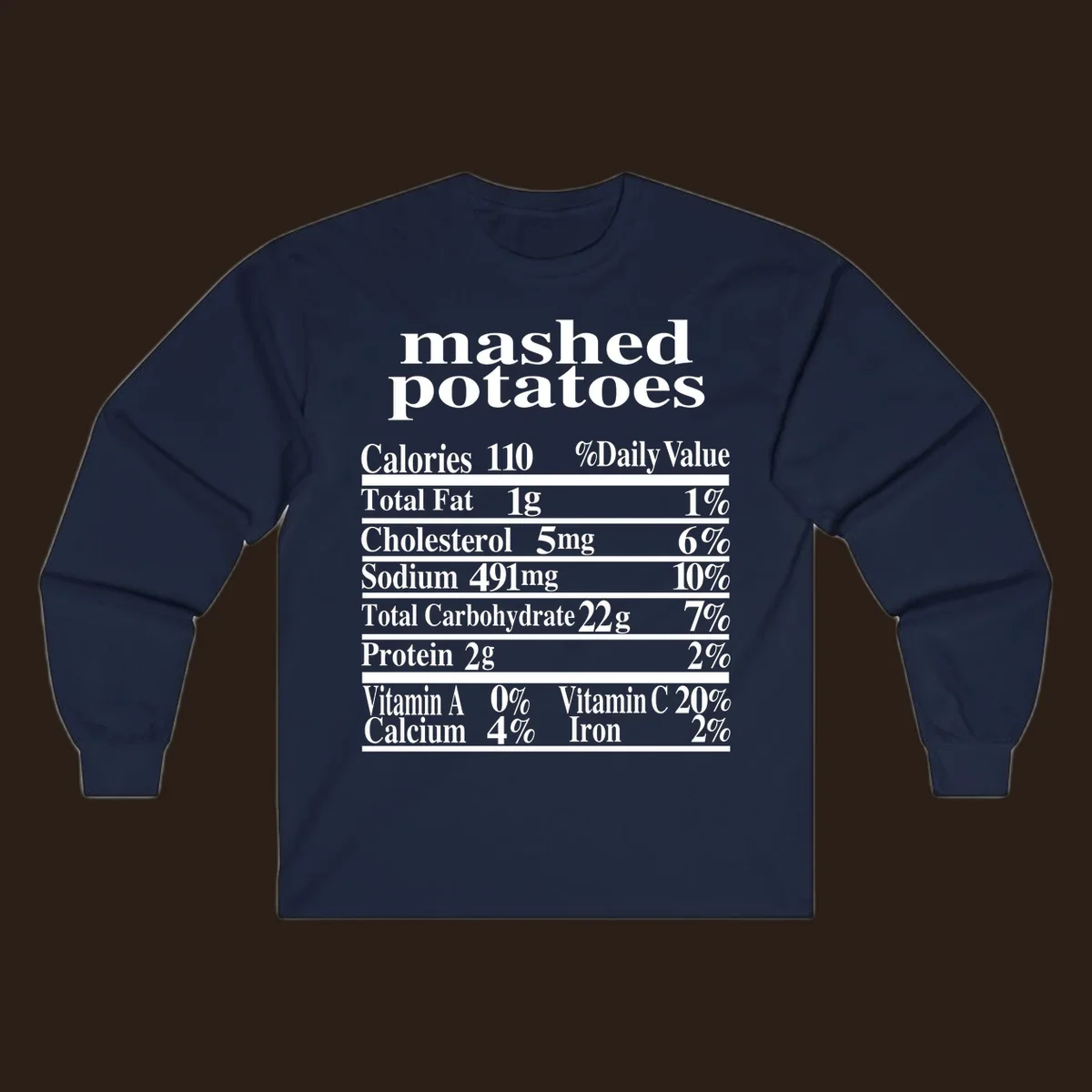 Mashed potato nutrition facts label with calories, fat, cholesterol, sodium, carbs, protein, and vitamins on a black background.