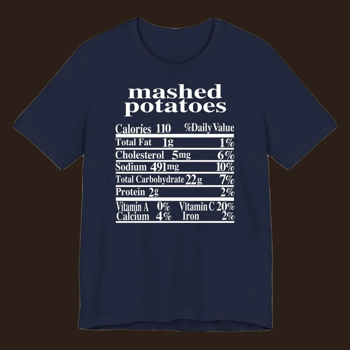 Mashed potato nutrition facts label with calories, fat, cholesterol, sodium, carbs, protein, and vitamins on a black background.