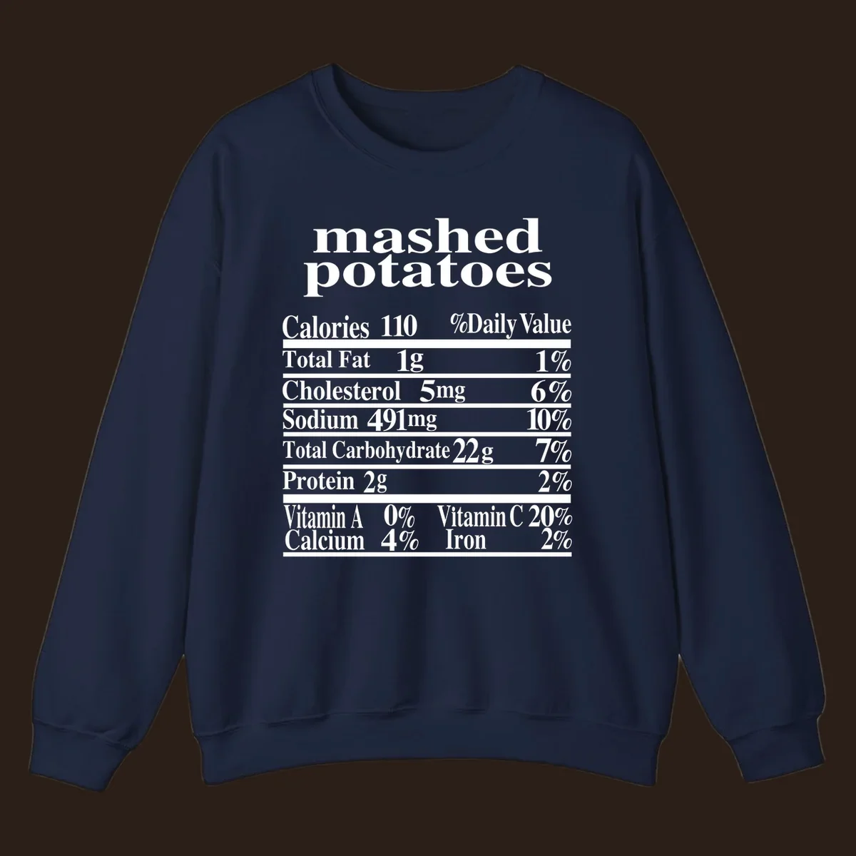 Mashed potato nutrition facts label with calories, fat, cholesterol, sodium, carbs, protein, and vitamins on a black background.