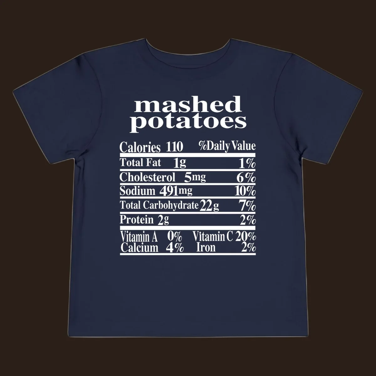 Mashed potato nutrition facts label with calories, fat, cholesterol, sodium, carbs, protein, and vitamins on a black background.