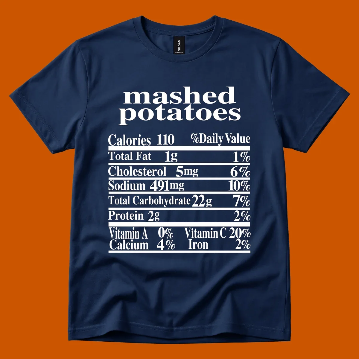 Mashed potato nutrition facts label with calories, fat, cholesterol, sodium, carbs, protein, and vitamins on a black background.