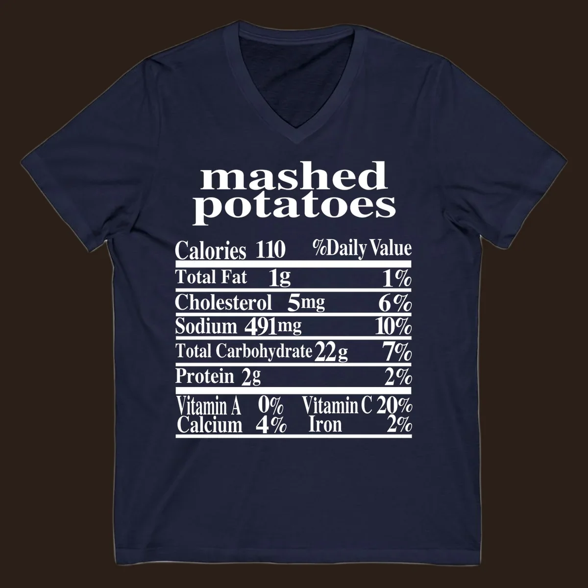 Mashed potato nutrition facts label with calories, fat, cholesterol, sodium, carbs, protein, and vitamins on a black background.
