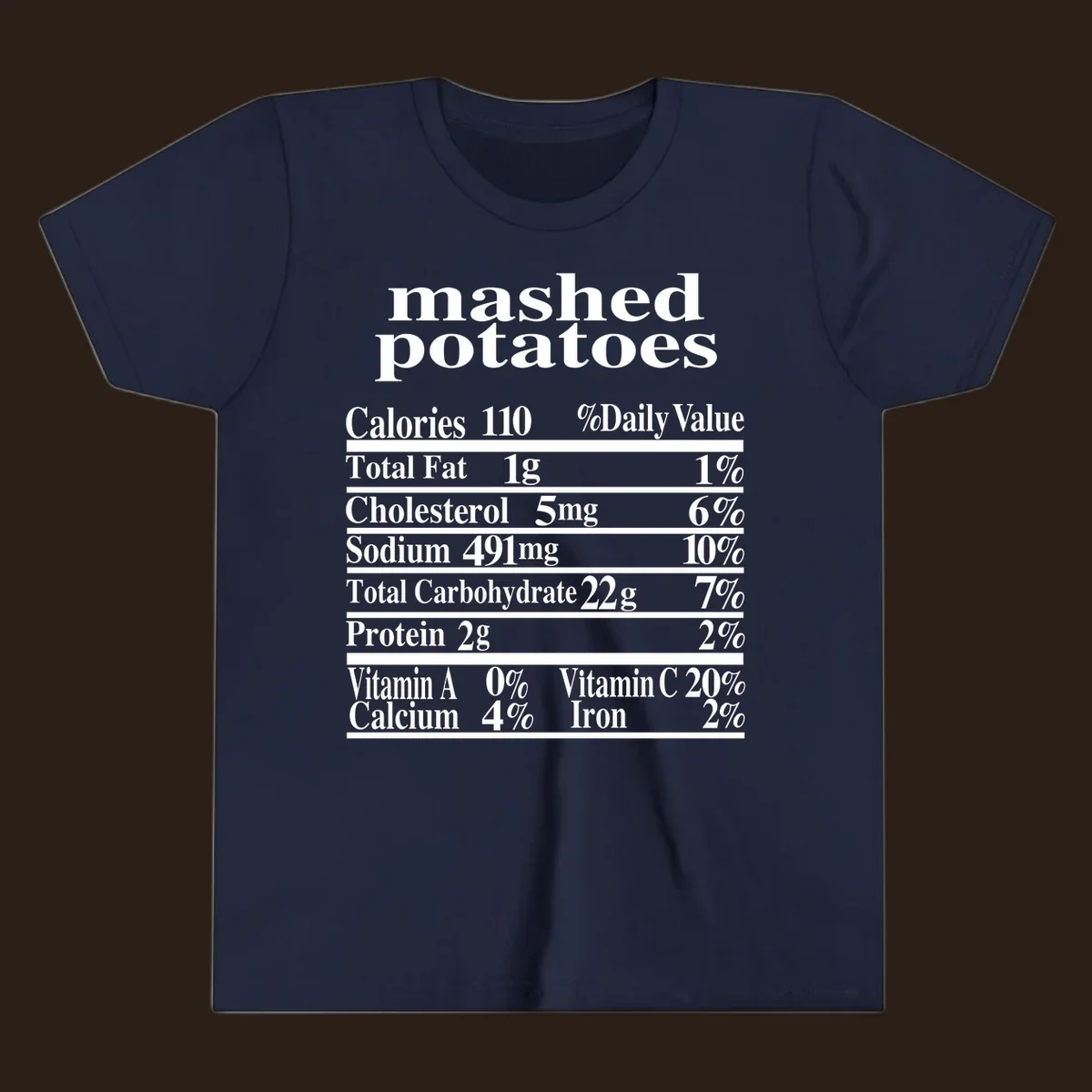 Mashed potato nutrition facts label with calories, fat, cholesterol, sodium, carbs, protein, and vitamins on a black background.