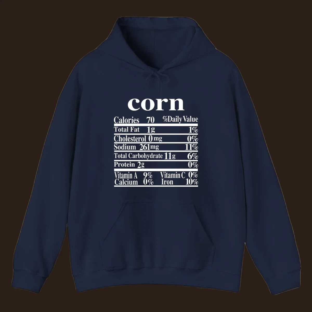 Corn nutrition facts label design with white text on a black background.