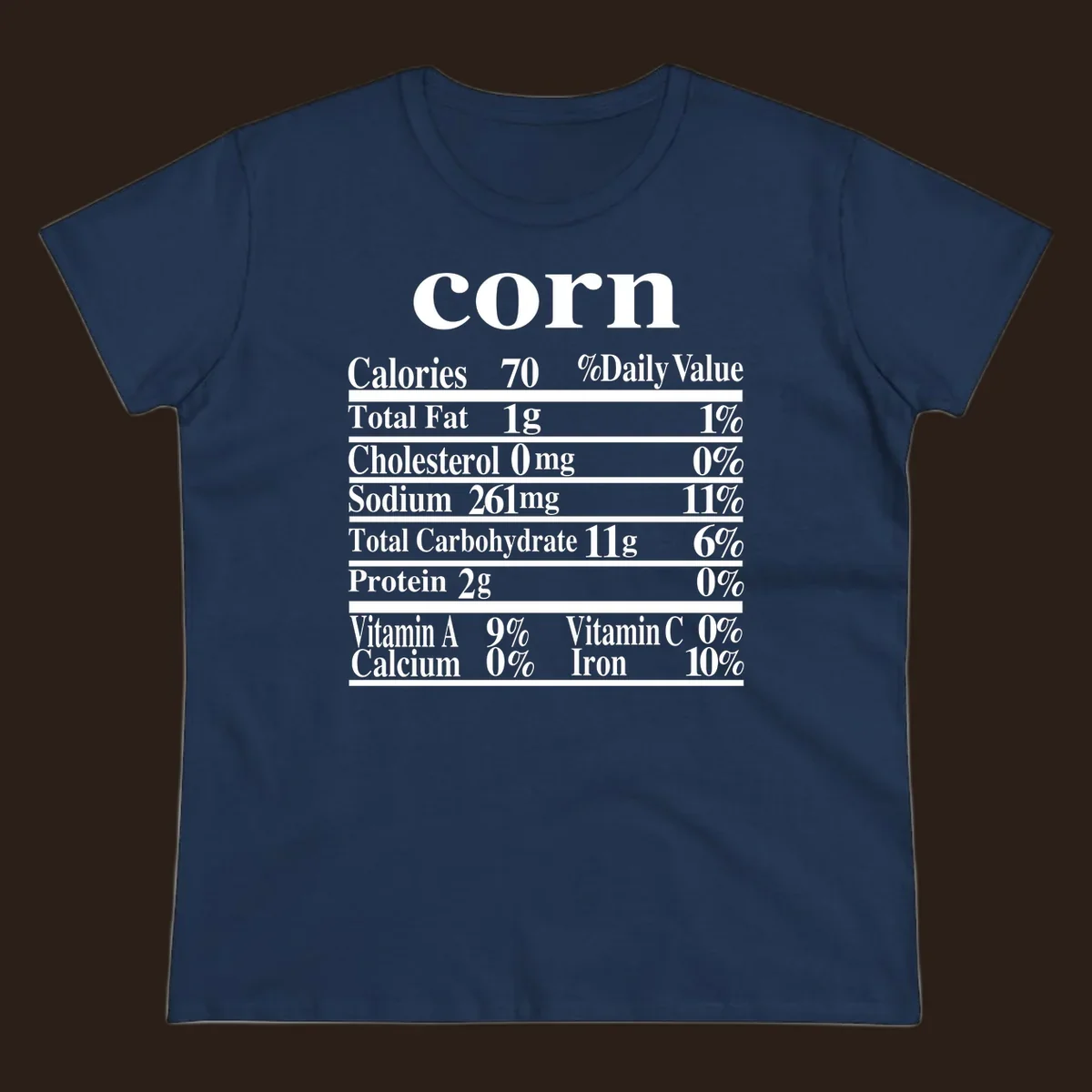 Corn nutrition facts label design with white text on a black background.