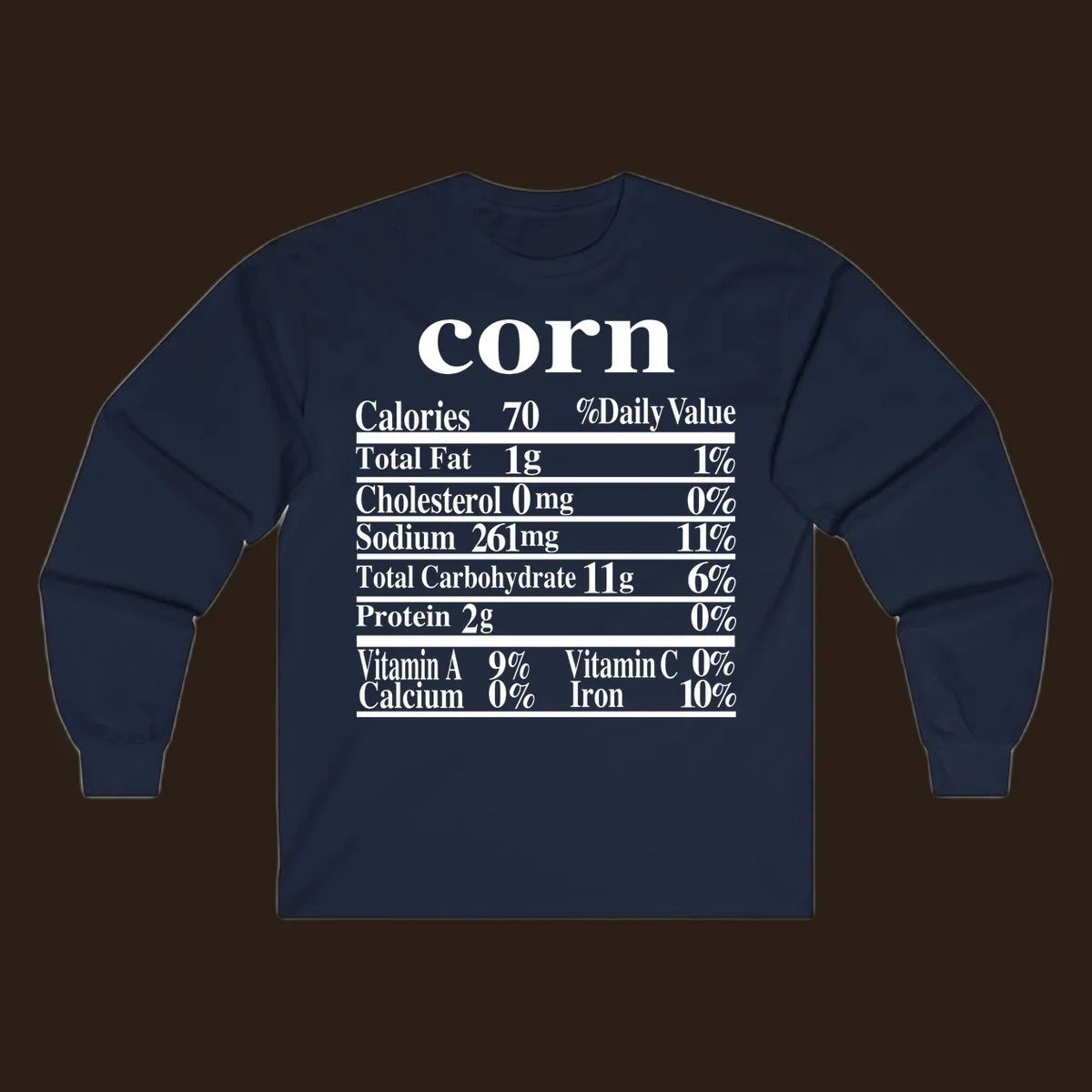 Corn nutrition facts label design with white text on a black background.