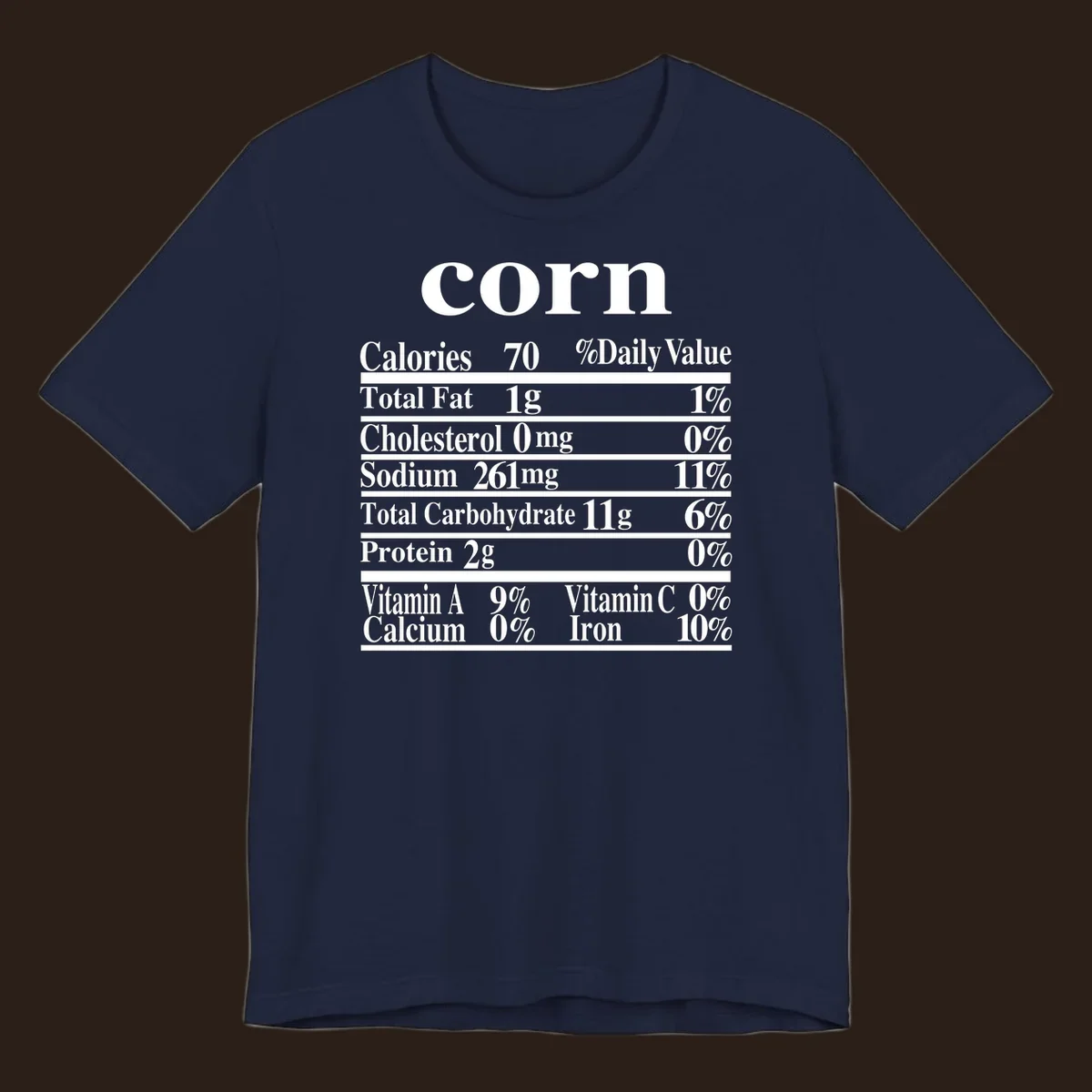 Corn nutrition facts label design with white text on a black background.