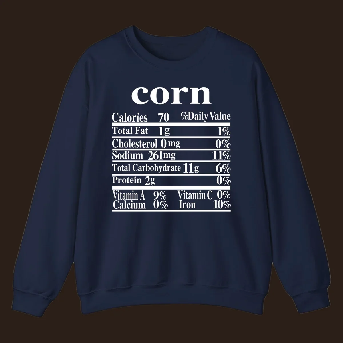 Corn nutrition facts label design with white text on a black background.