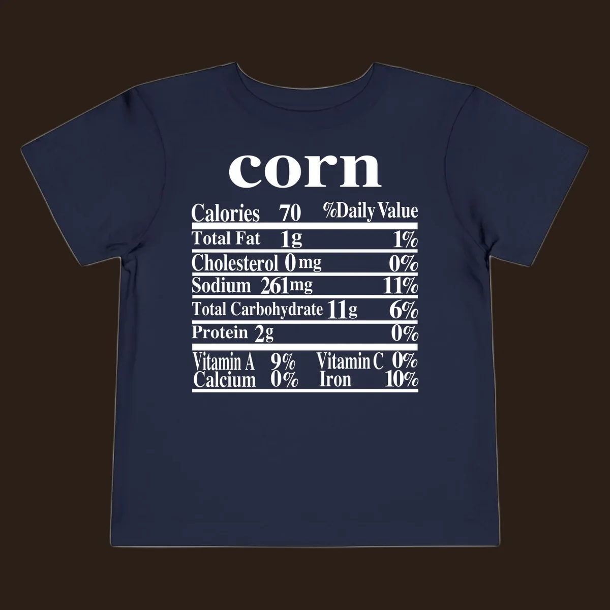 Corn nutrition facts label design with white text on a black background.