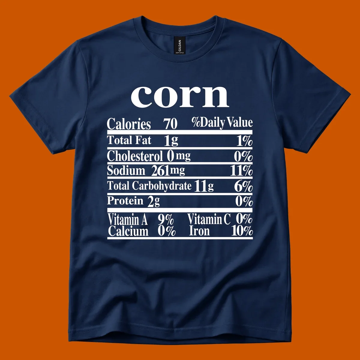 Corn nutrition facts label design with white text on a black background.