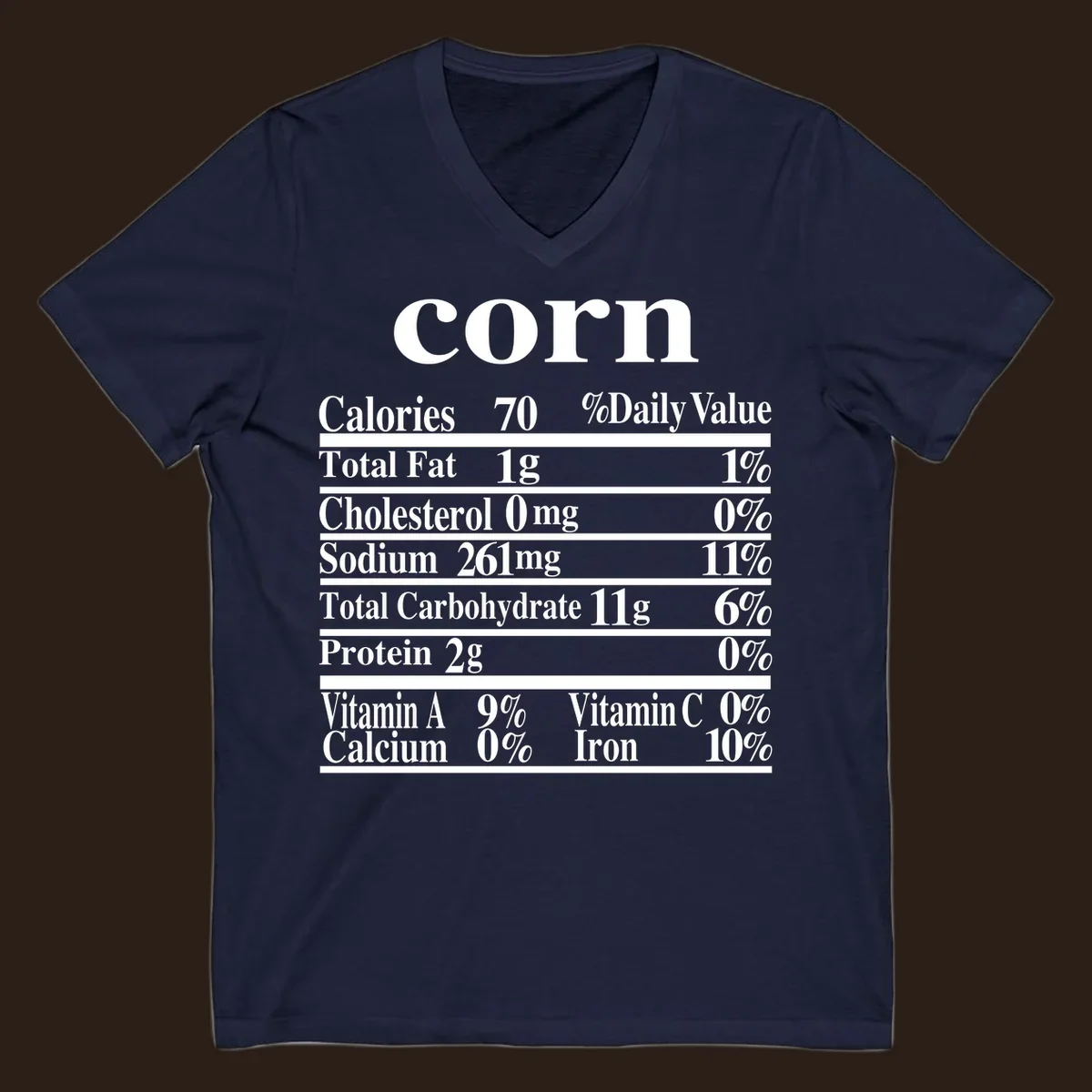 Corn nutrition facts label design with white text on a black background.
