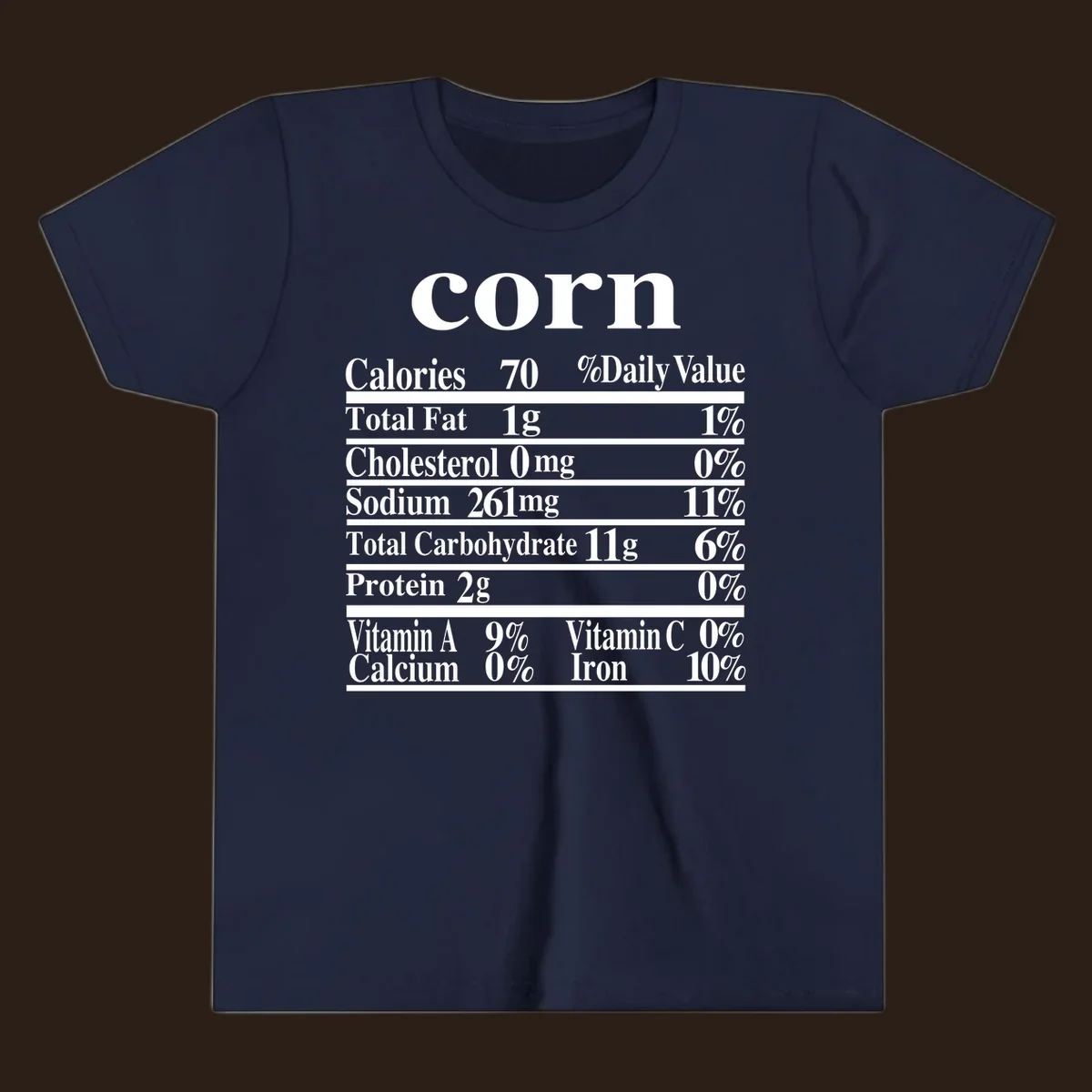 Corn nutrition facts label design with white text on a black background.