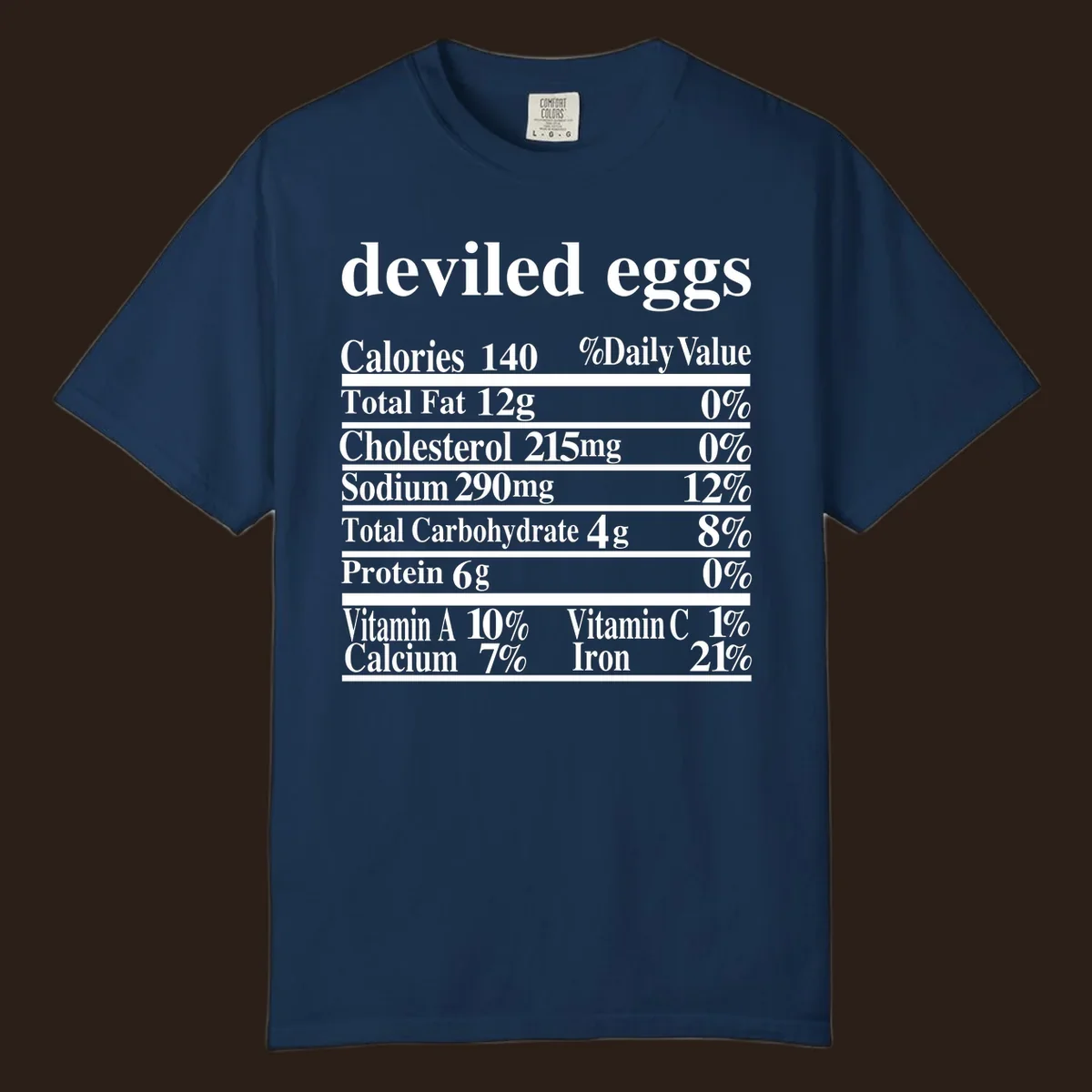 Deviled eggs nutrition facts label with white text on black background.