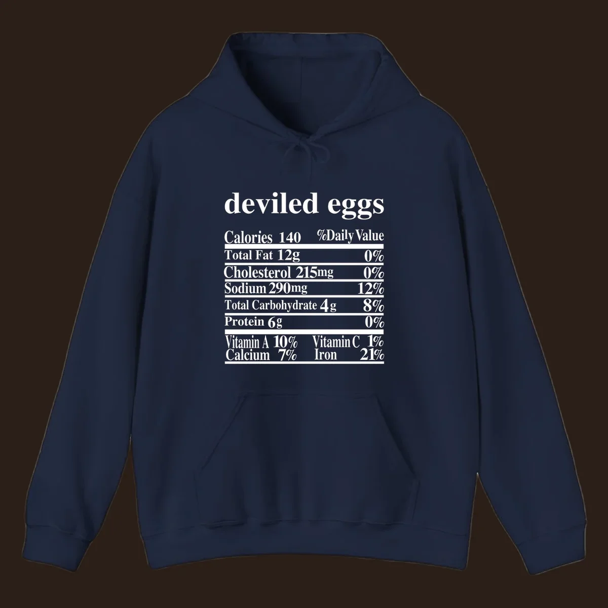 Deviled eggs nutrition facts label with white text on black background.
