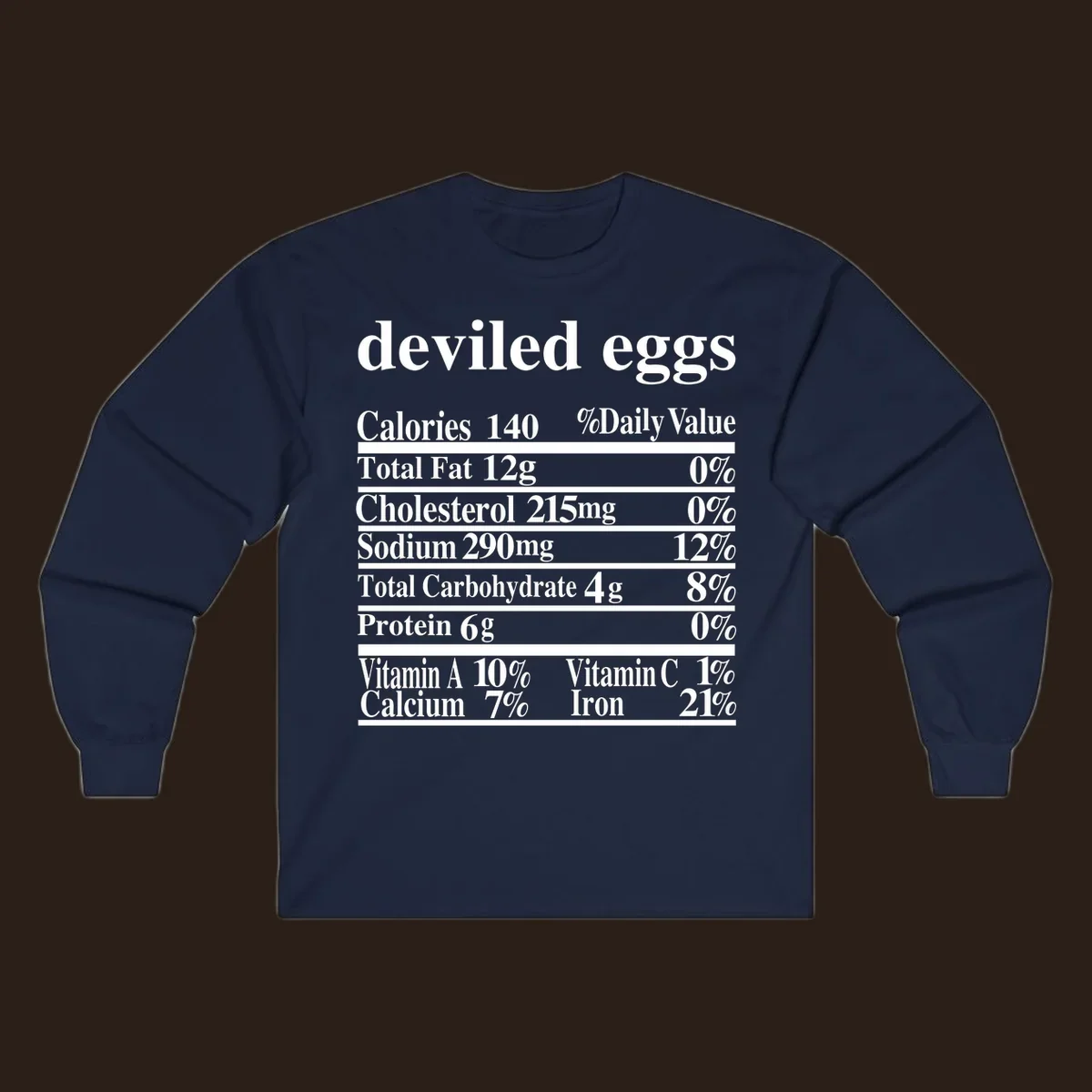 Deviled eggs nutrition facts label with white text on black background.