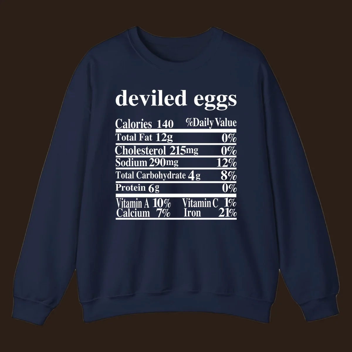 Deviled eggs nutrition facts label with white text on black background.