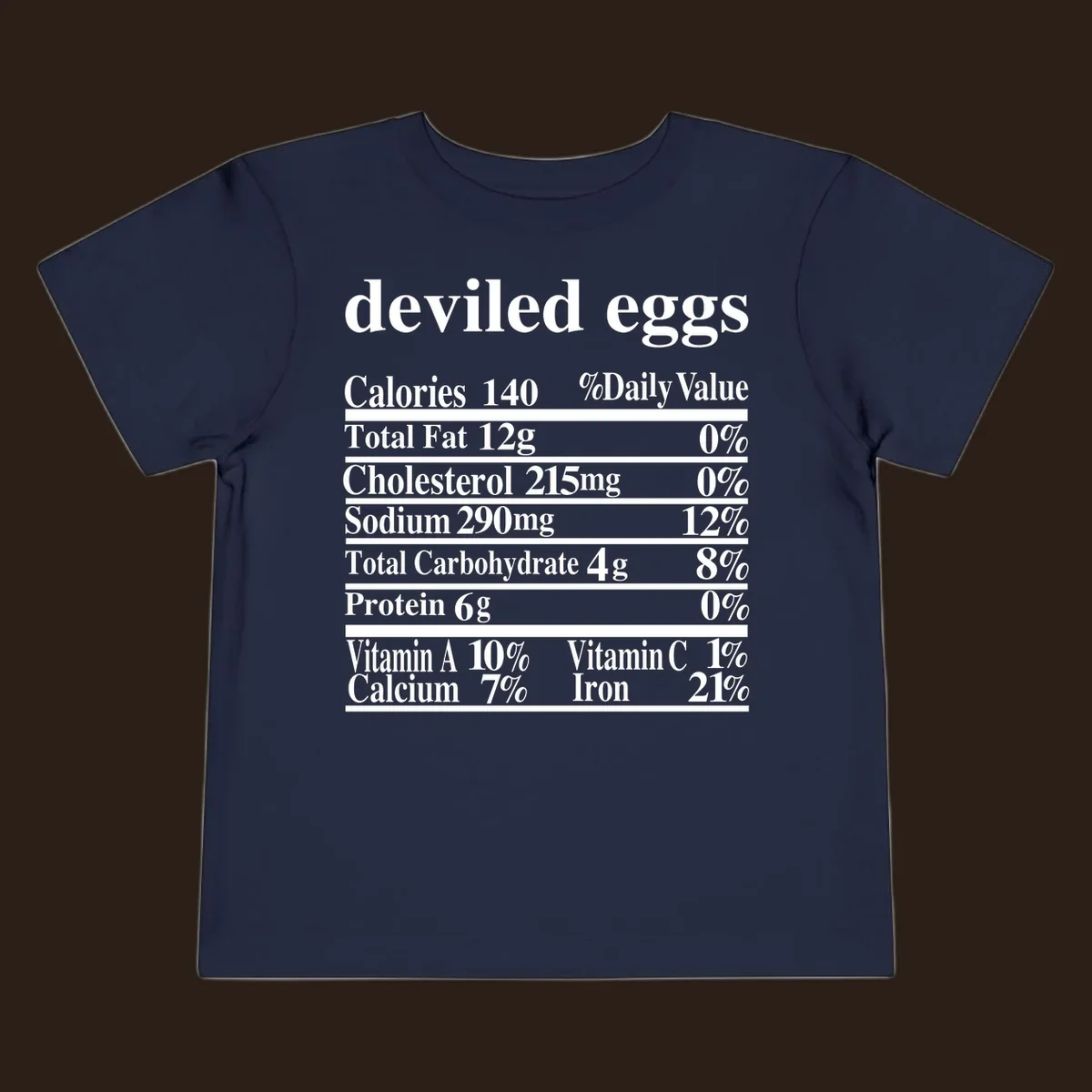 Deviled eggs nutrition facts label with white text on black background.