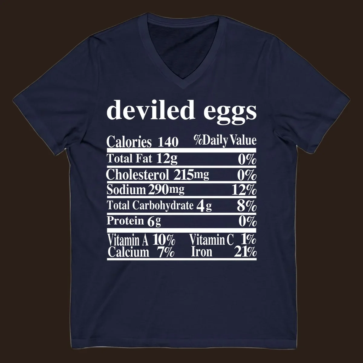 Deviled eggs nutrition facts label with white text on black background.