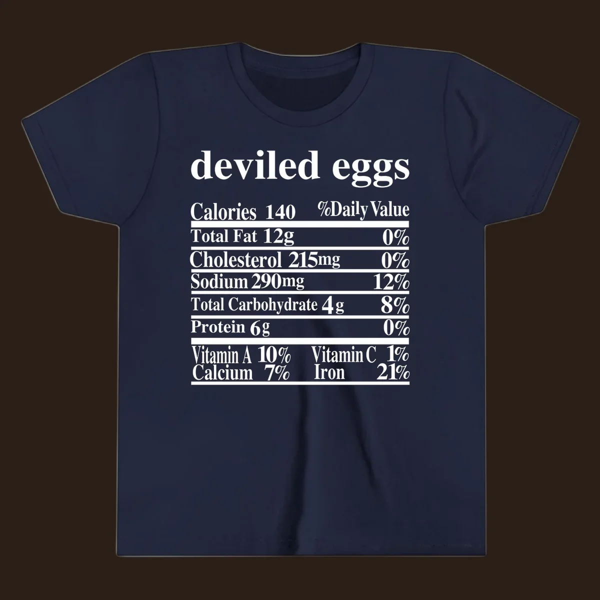 Deviled eggs nutrition facts label with white text on black background.
