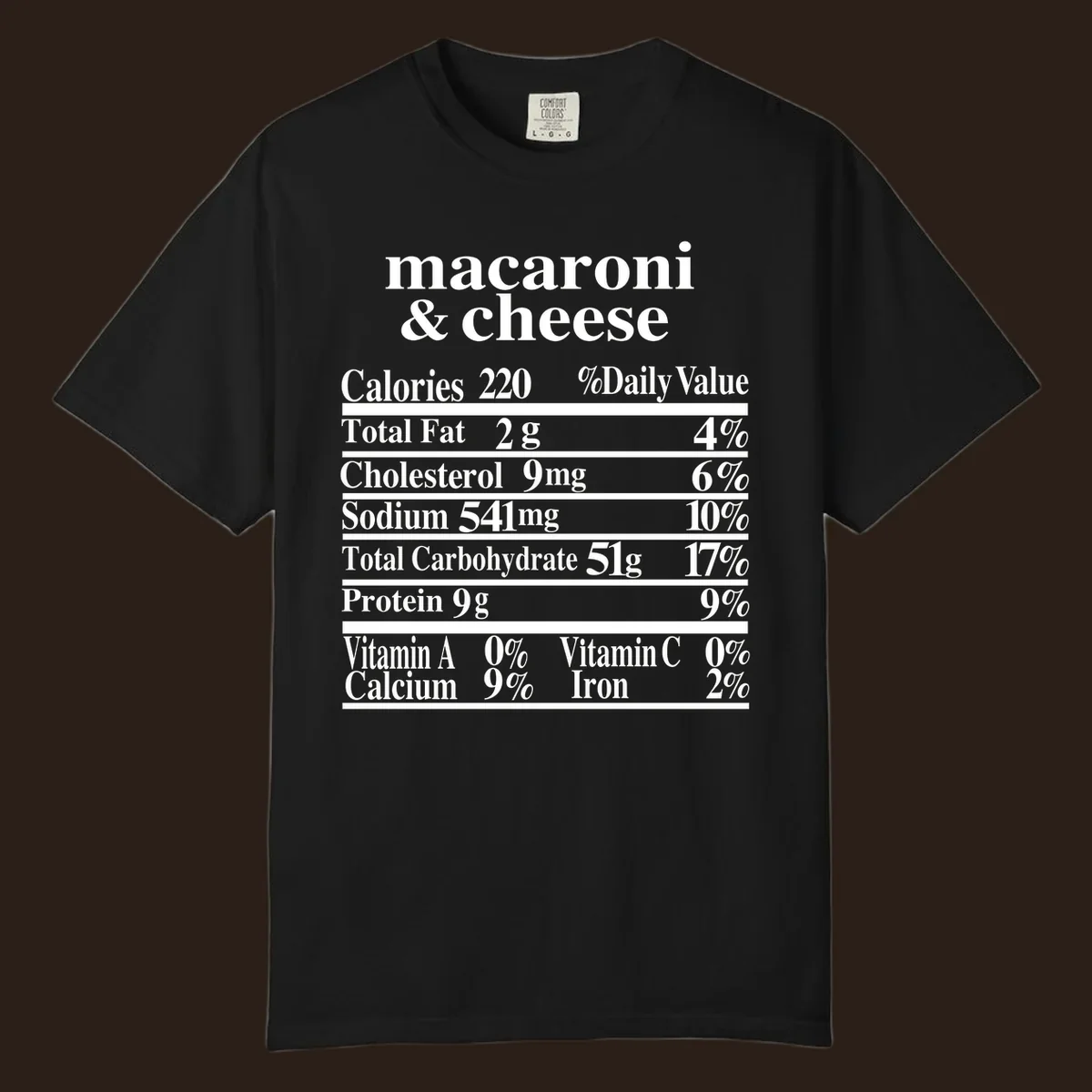 Mac and cheese nutrition label design with calories, fat, sodium, and vitamins.