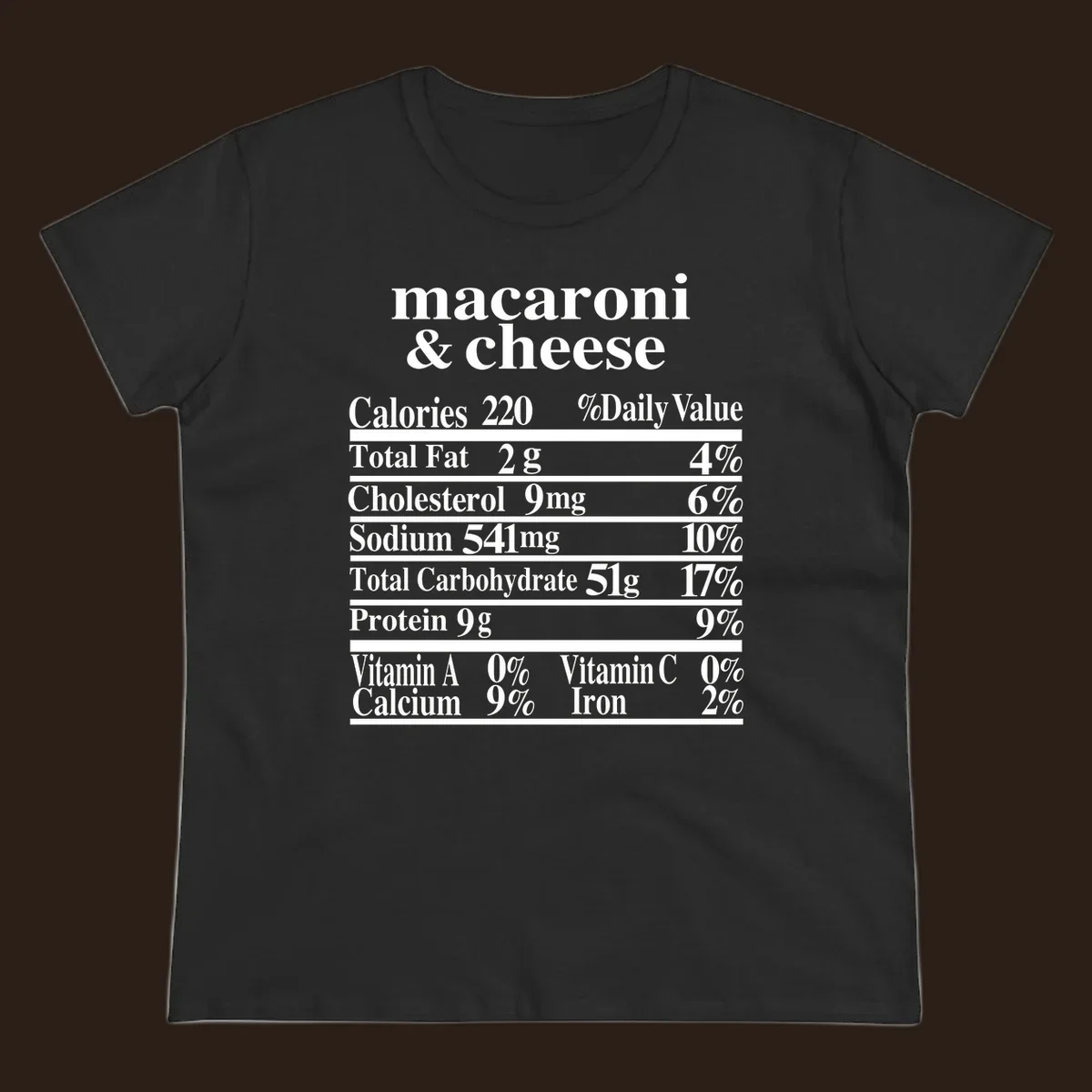 Mac and cheese nutrition label design with calories, fat, sodium, and vitamins.