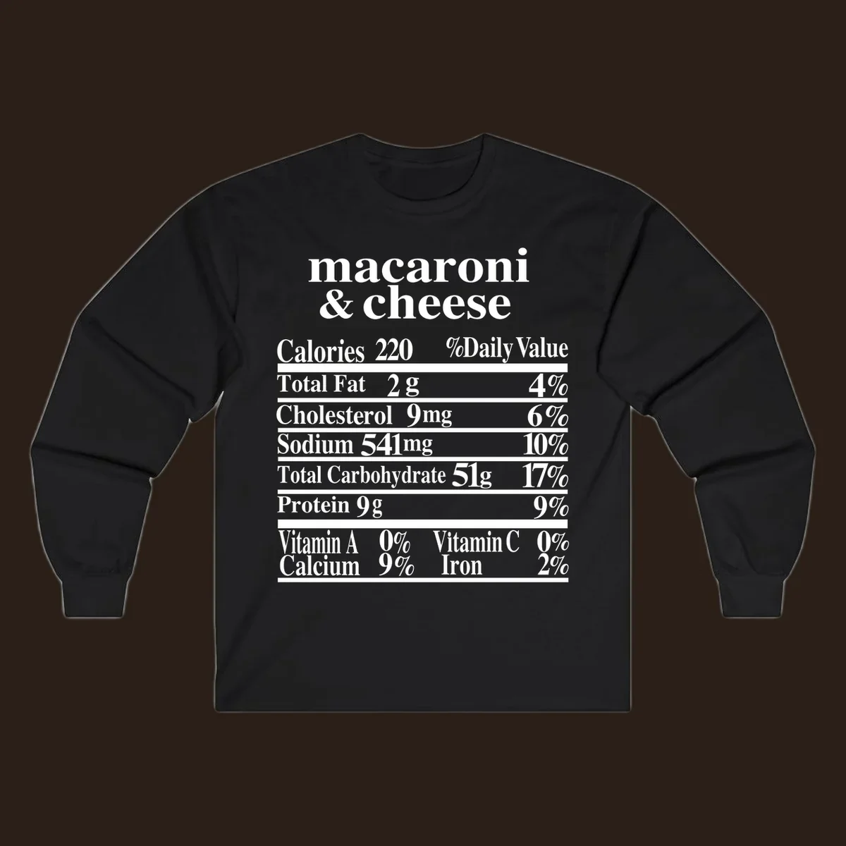 Mac and cheese nutrition label design with calories, fat, sodium, and vitamins.