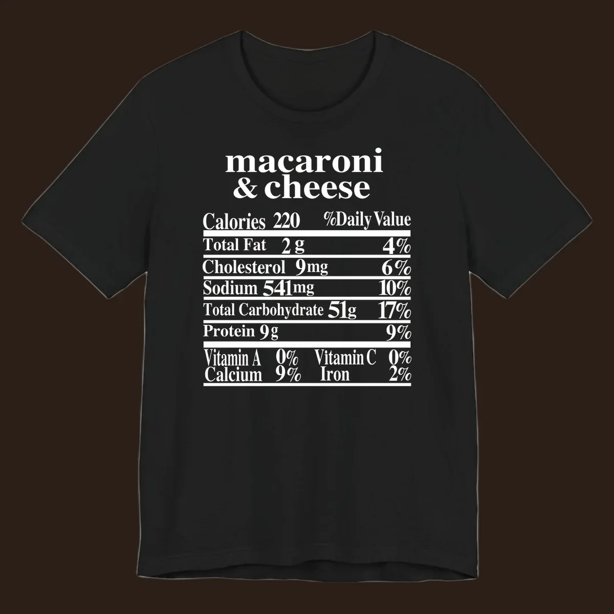 Mac and cheese nutrition label design with calories, fat, sodium, and vitamins.