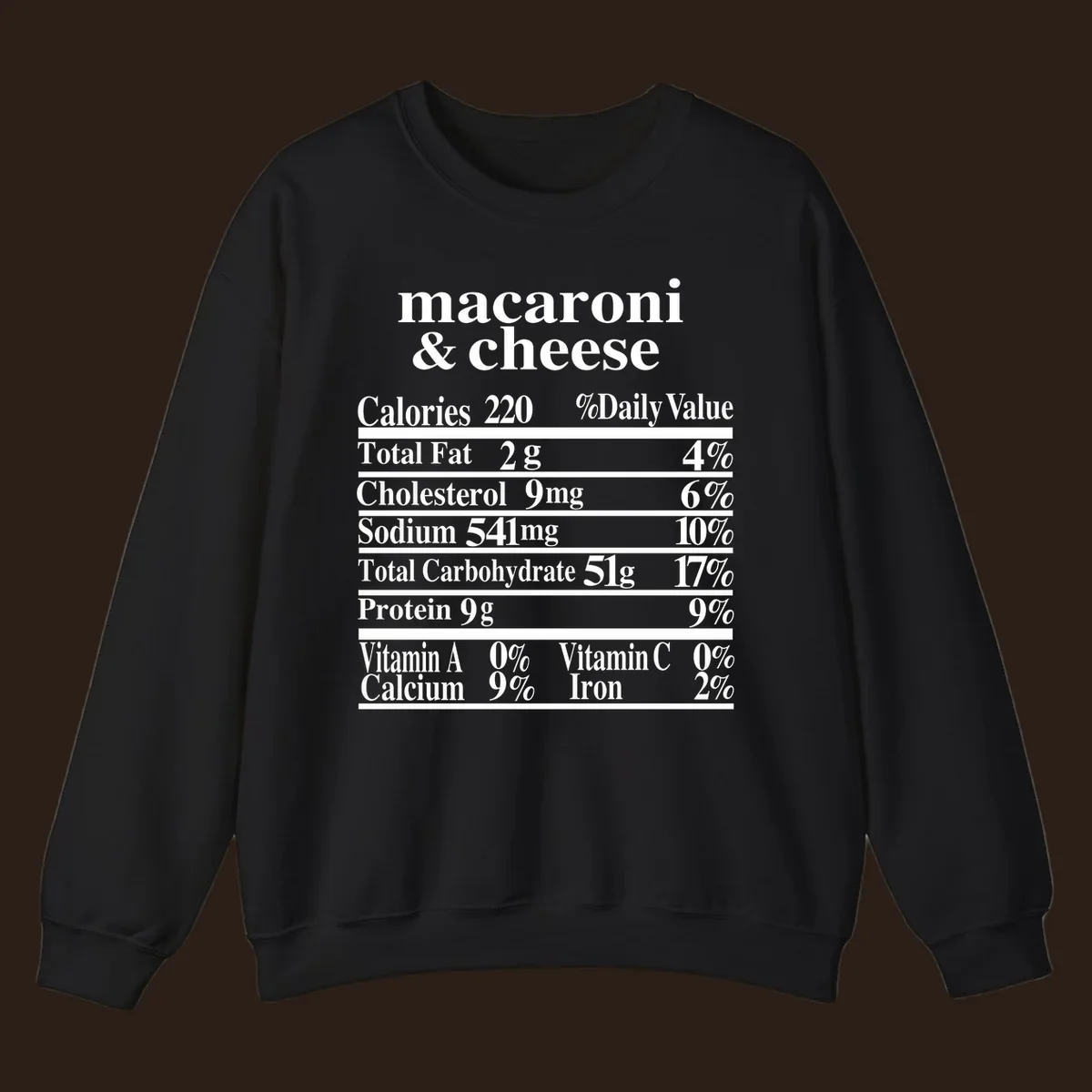 Mac and cheese nutrition label design with calories, fat, sodium, and vitamins.