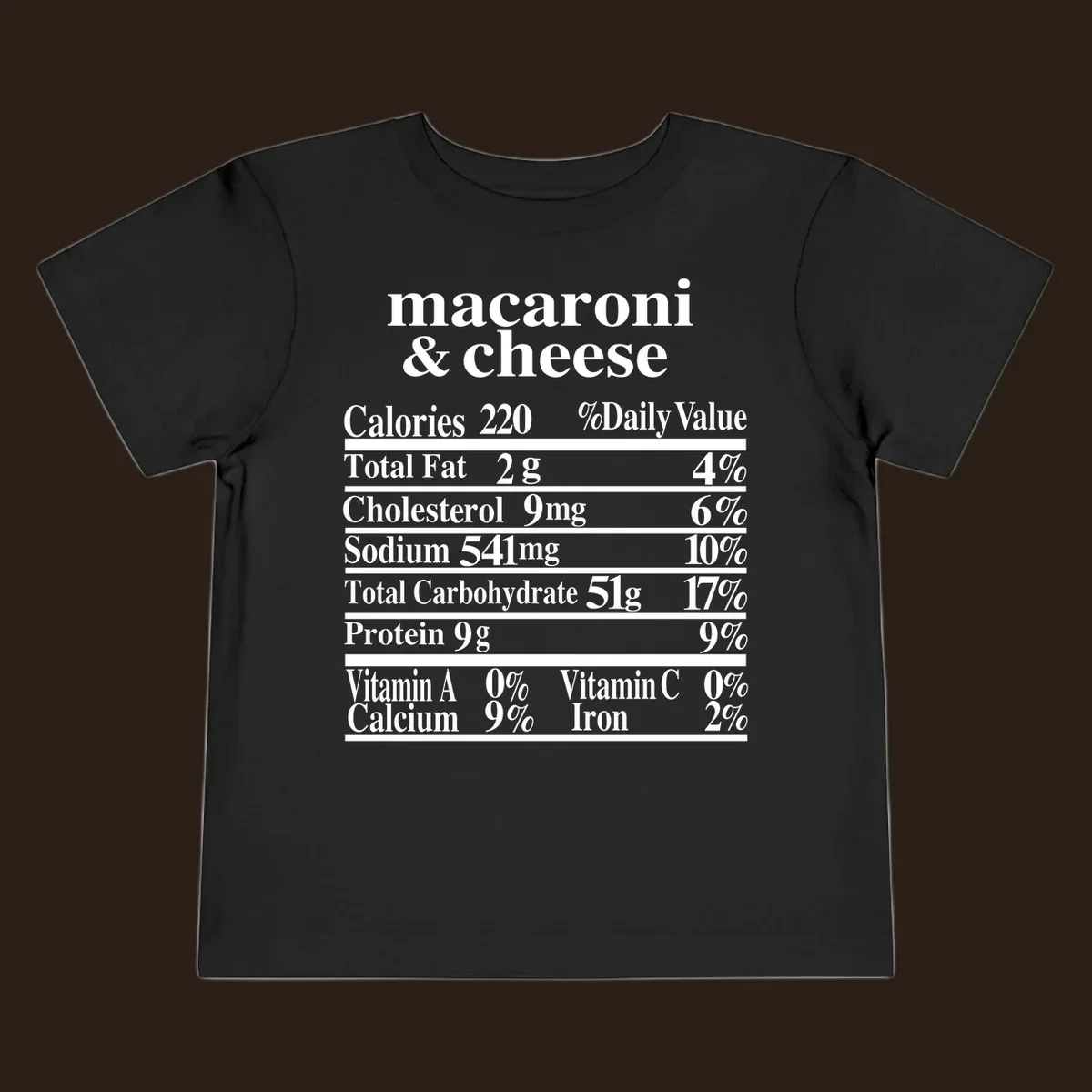 Mac and cheese nutrition label design with calories, fat, sodium, and vitamins.