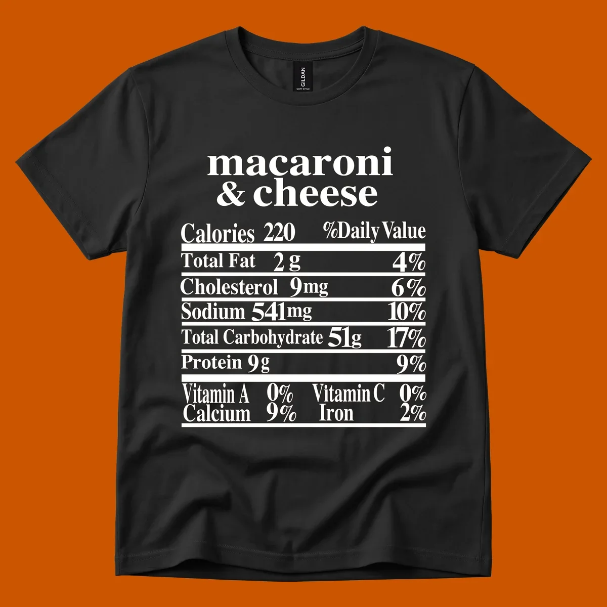 Mac and cheese nutrition label design with calories, fat, sodium, and vitamins.