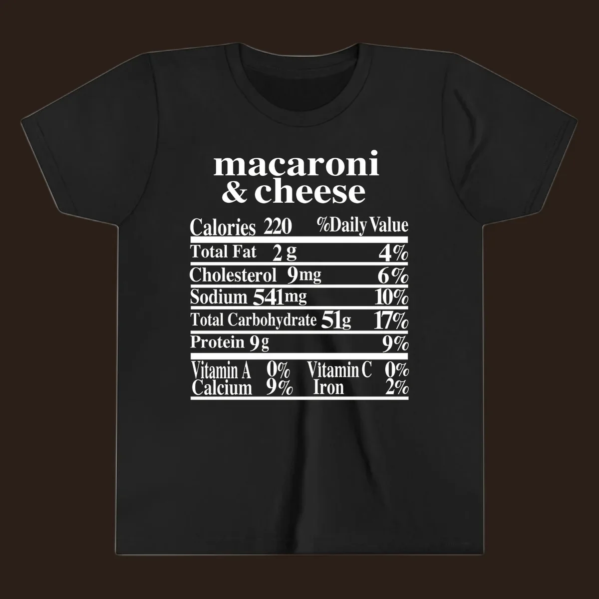 Mac and cheese nutrition label design with calories, fat, sodium, and vitamins.