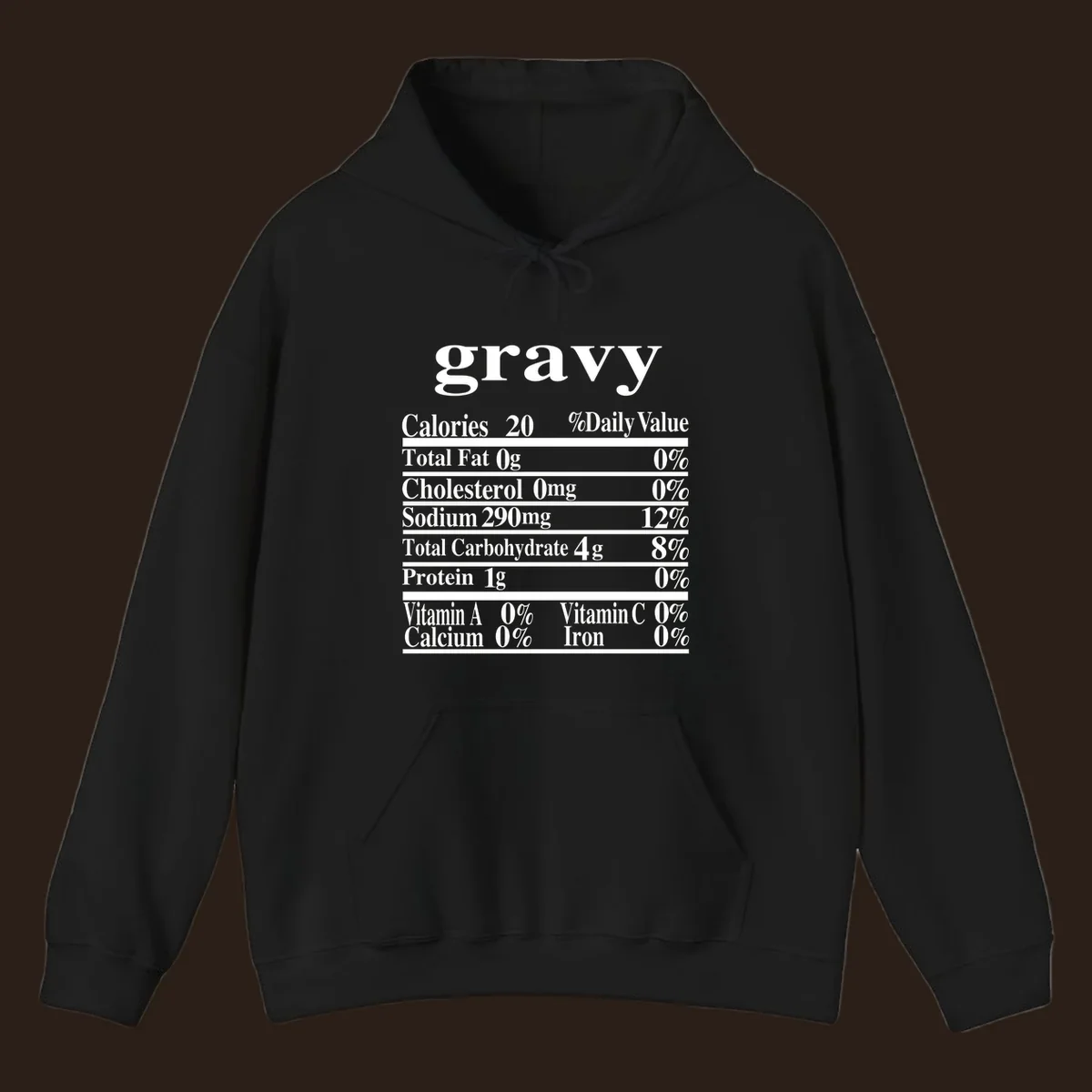 Thanksgiving gravy nutrition label with calories and daily values, presented in white text on a dark background.