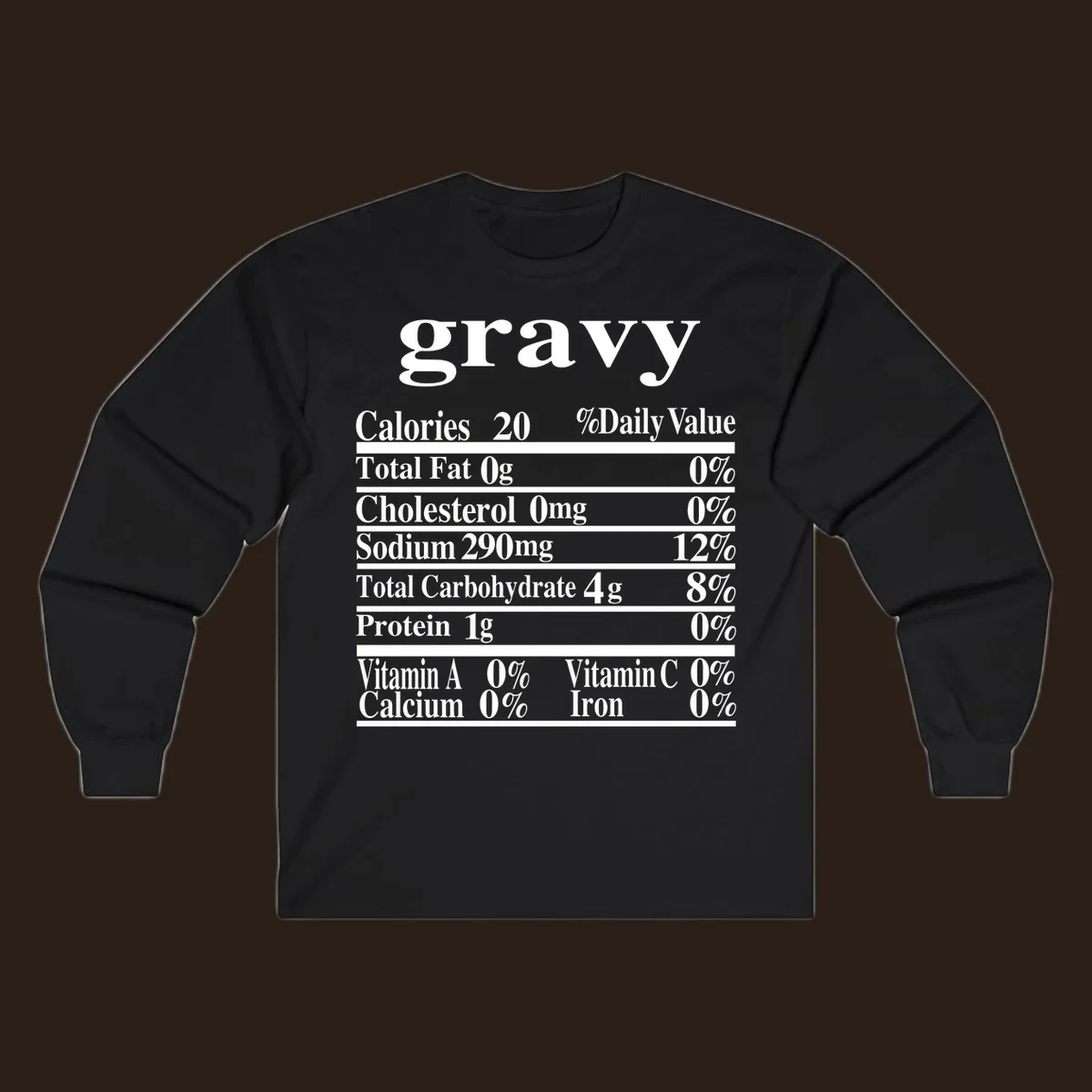 Thanksgiving gravy nutrition label with calories and daily values, presented in white text on a dark background.