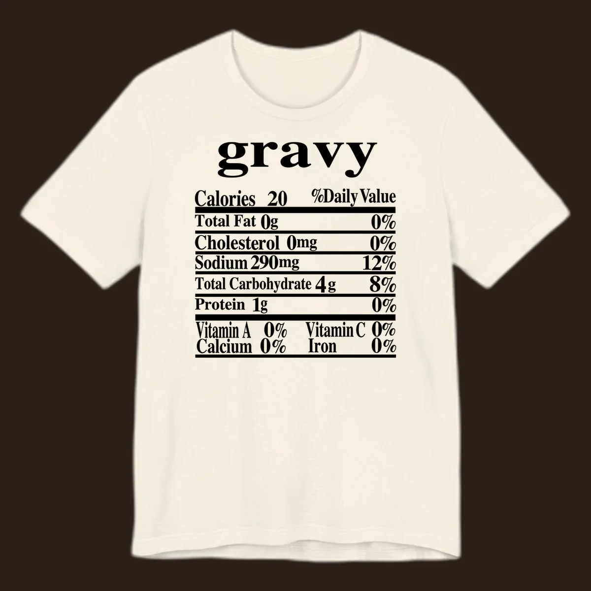 Thanksgiving gravy nutrition label with calories and daily values, presented in white text on a dark background.