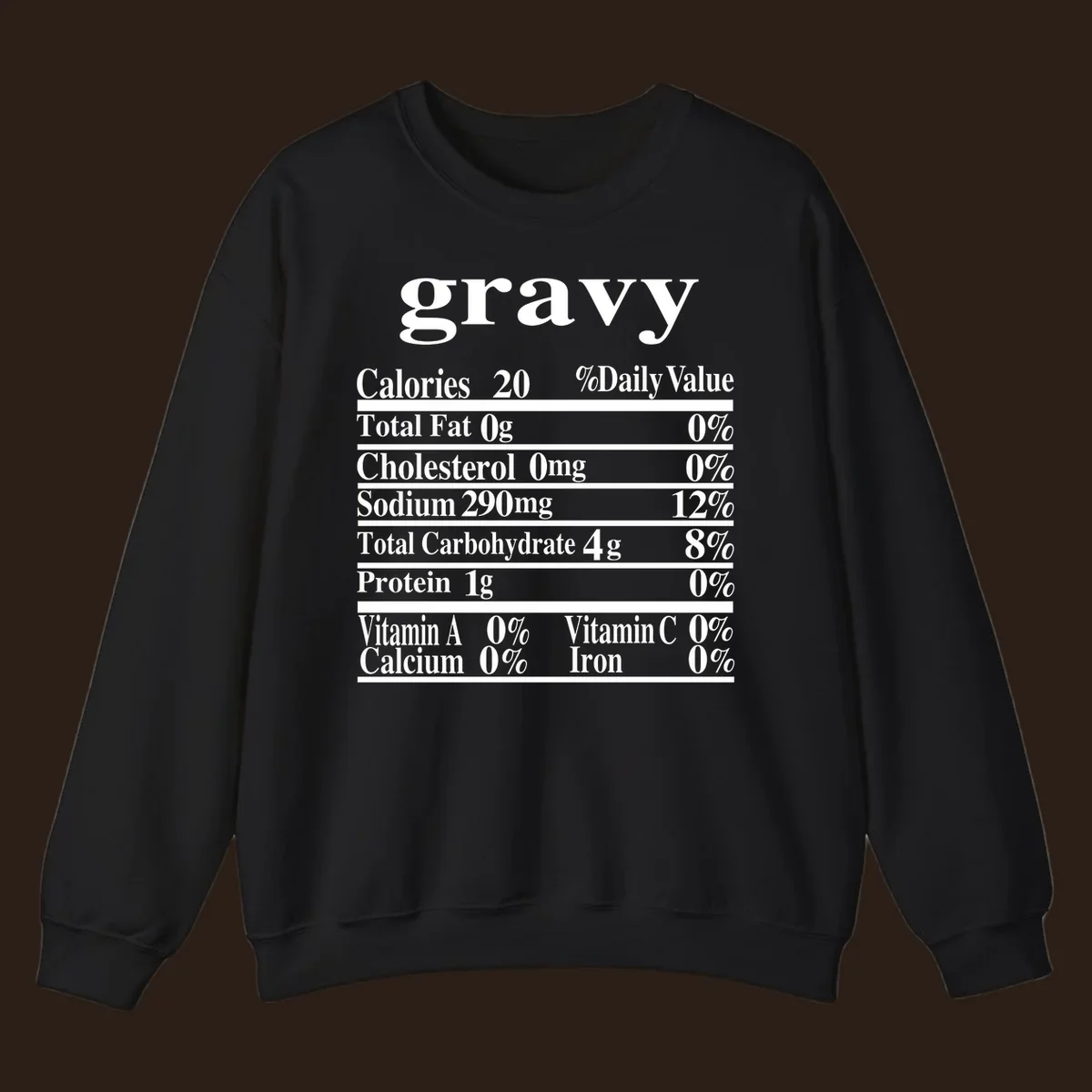 Thanksgiving gravy nutrition label with calories and daily values, presented in white text on a dark background.