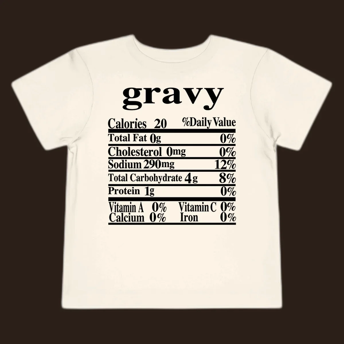 Thanksgiving gravy nutrition label with calories and daily values, presented in white text on a dark background.