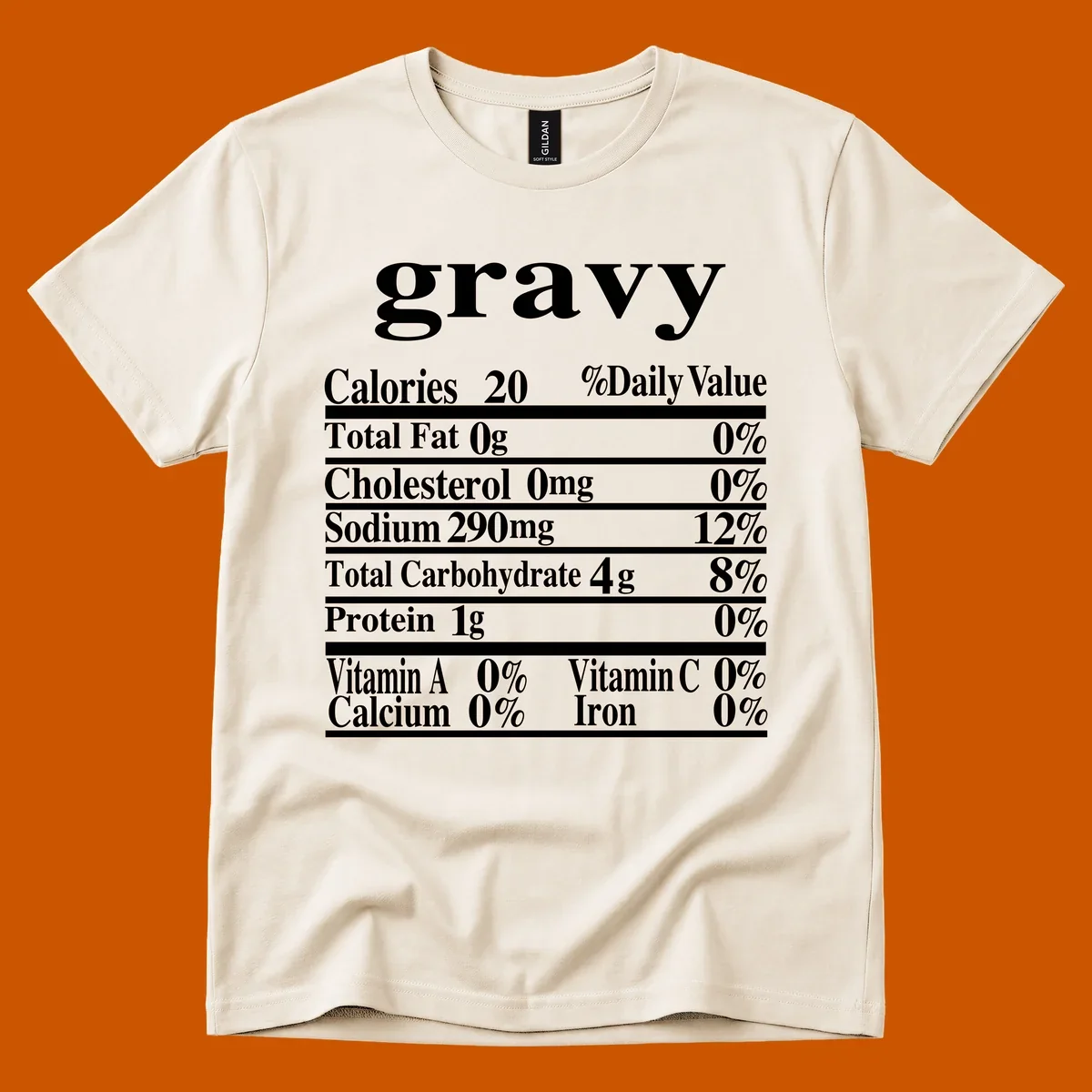Thanksgiving gravy nutrition label with calories and daily values, presented in white text on a dark background.