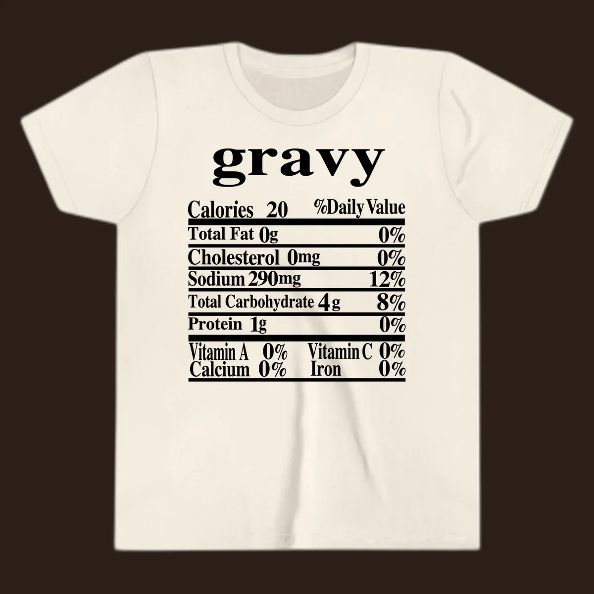Thanksgiving gravy nutrition label with calories and daily values, presented in white text on a dark background.