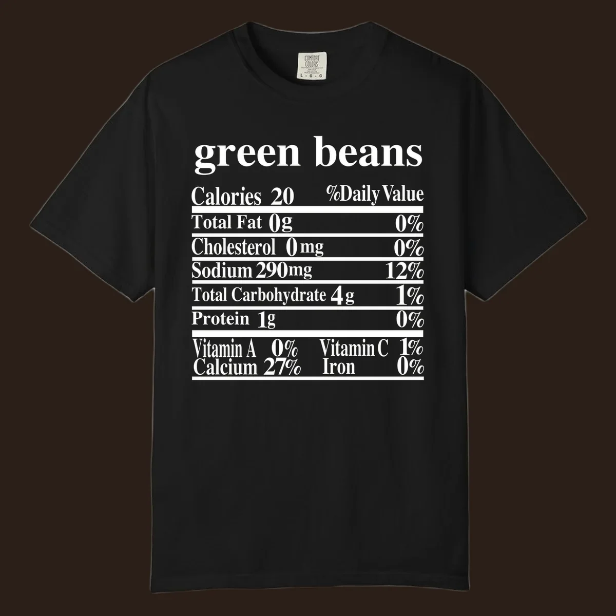 Green beans nutrition facts label with white text on a black background.