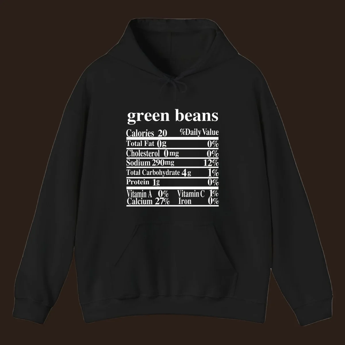 Green beans nutrition facts label with white text on a black background.