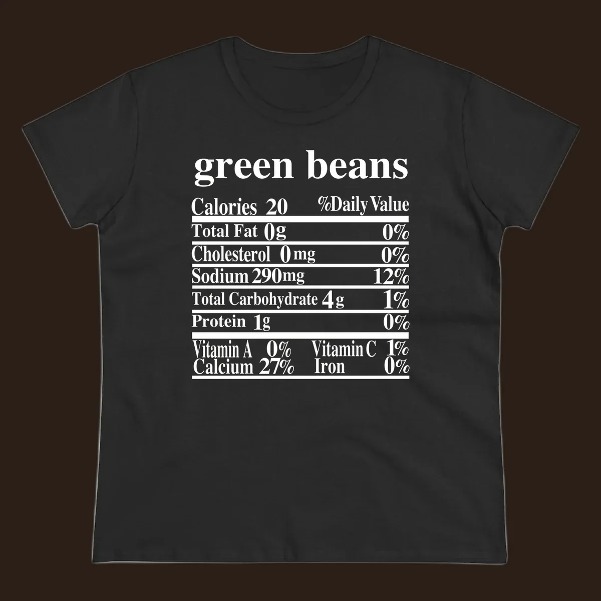 Green beans nutrition facts label with white text on a black background.