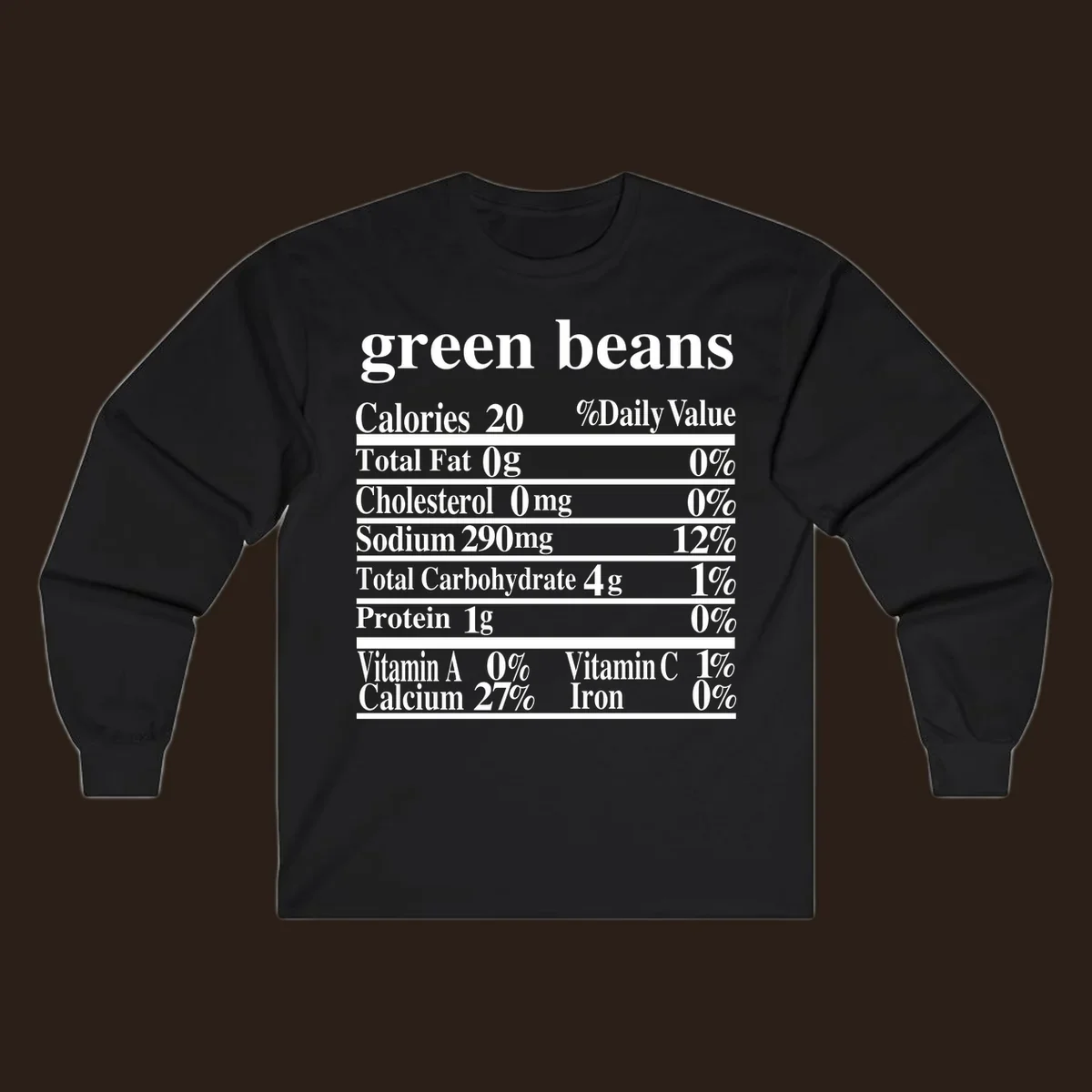 Green beans nutrition facts label with white text on a black background.