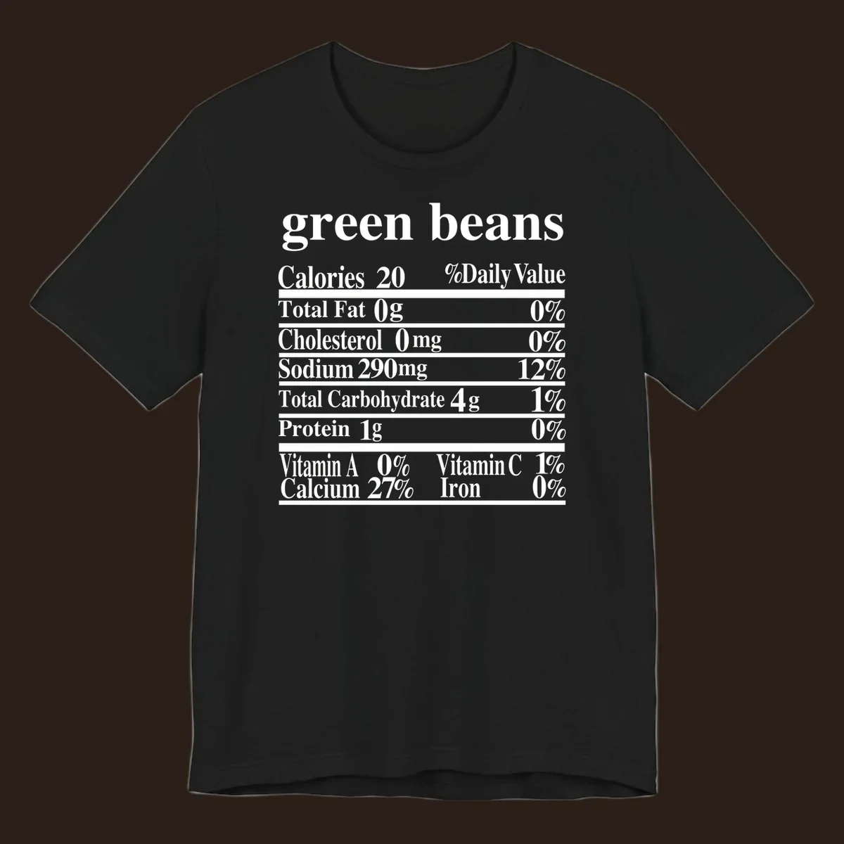 Green beans nutrition facts label with white text on a black background.