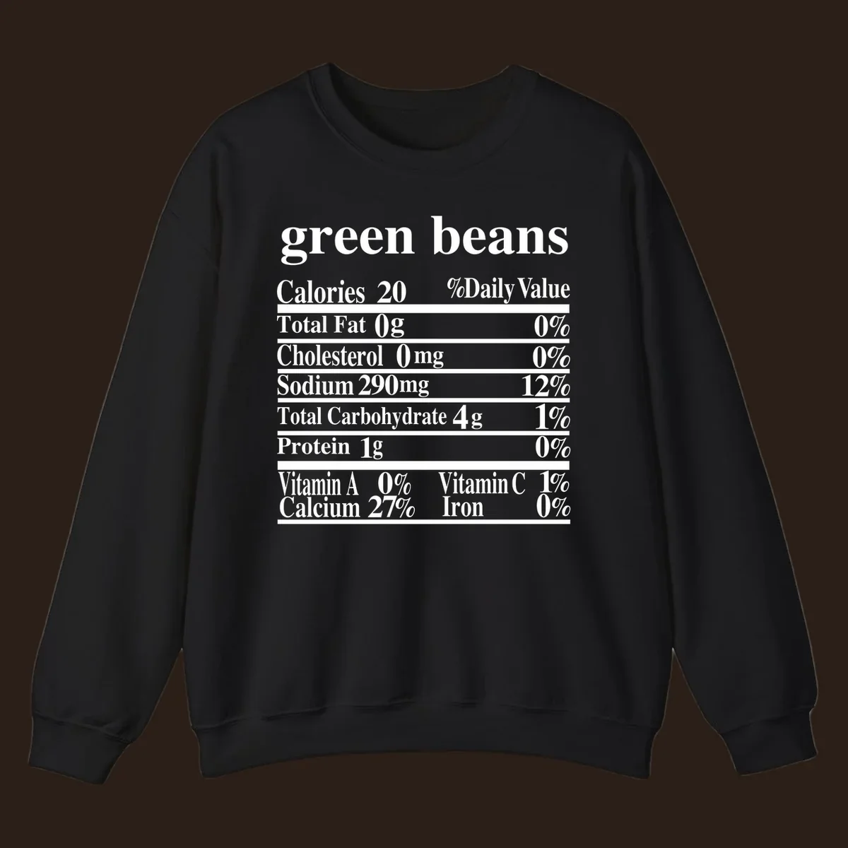 Green beans nutrition facts label with white text on a black background.